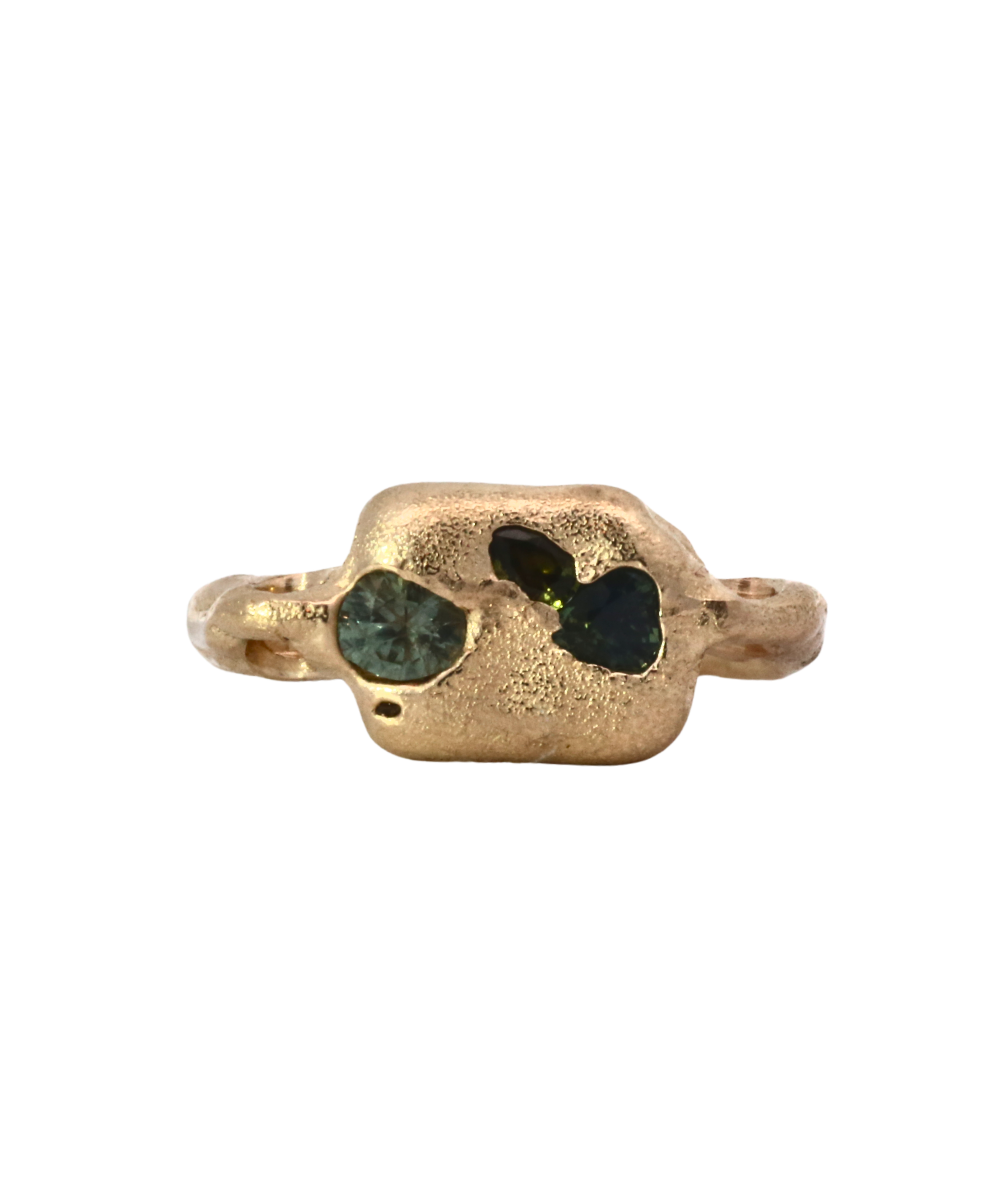 SEB Pinky Ring in 14K Fairmined gold with sapphires, sand cast