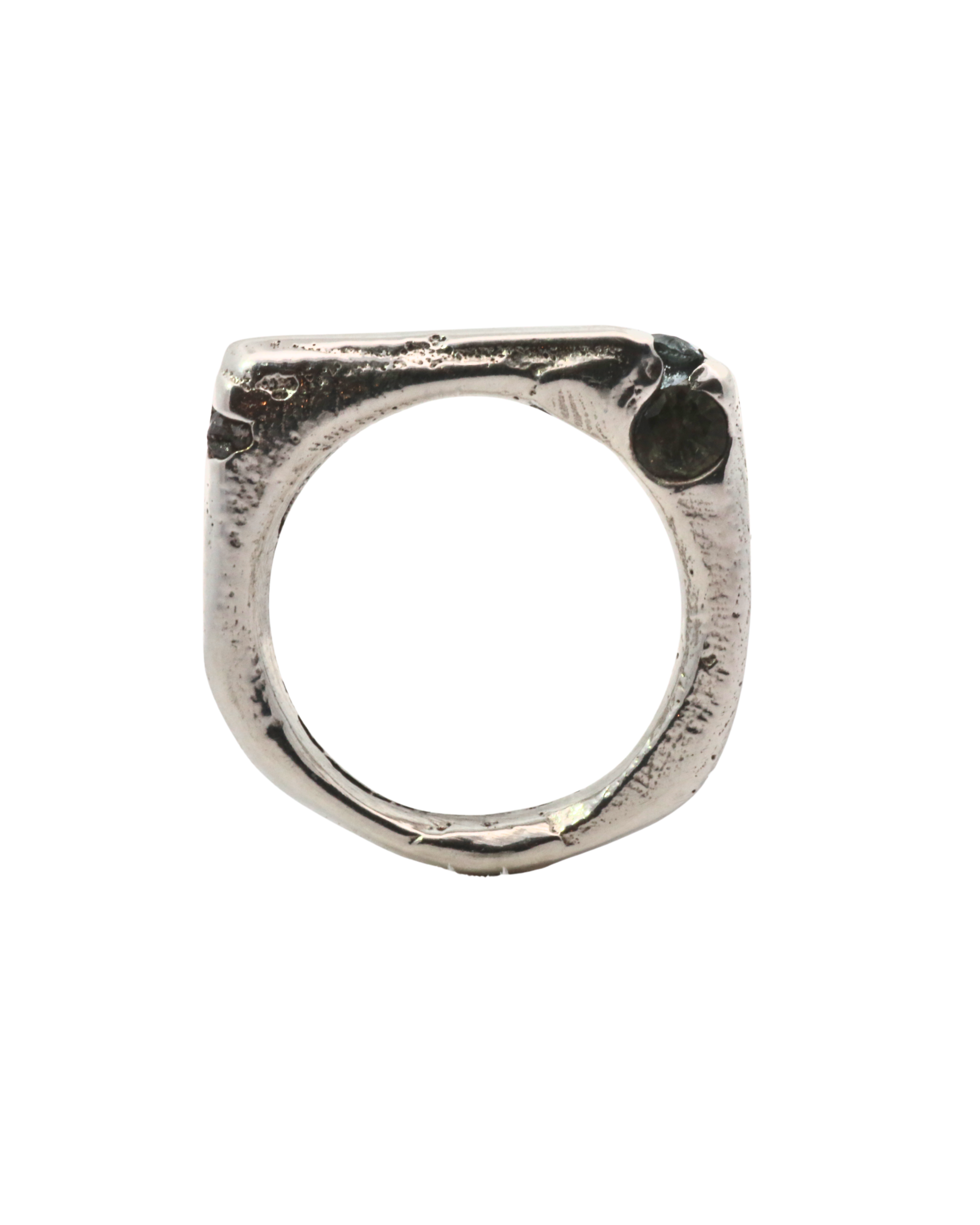 WORKSHOP RING scale view, recycled sterling silver with raw diamond and sapphires