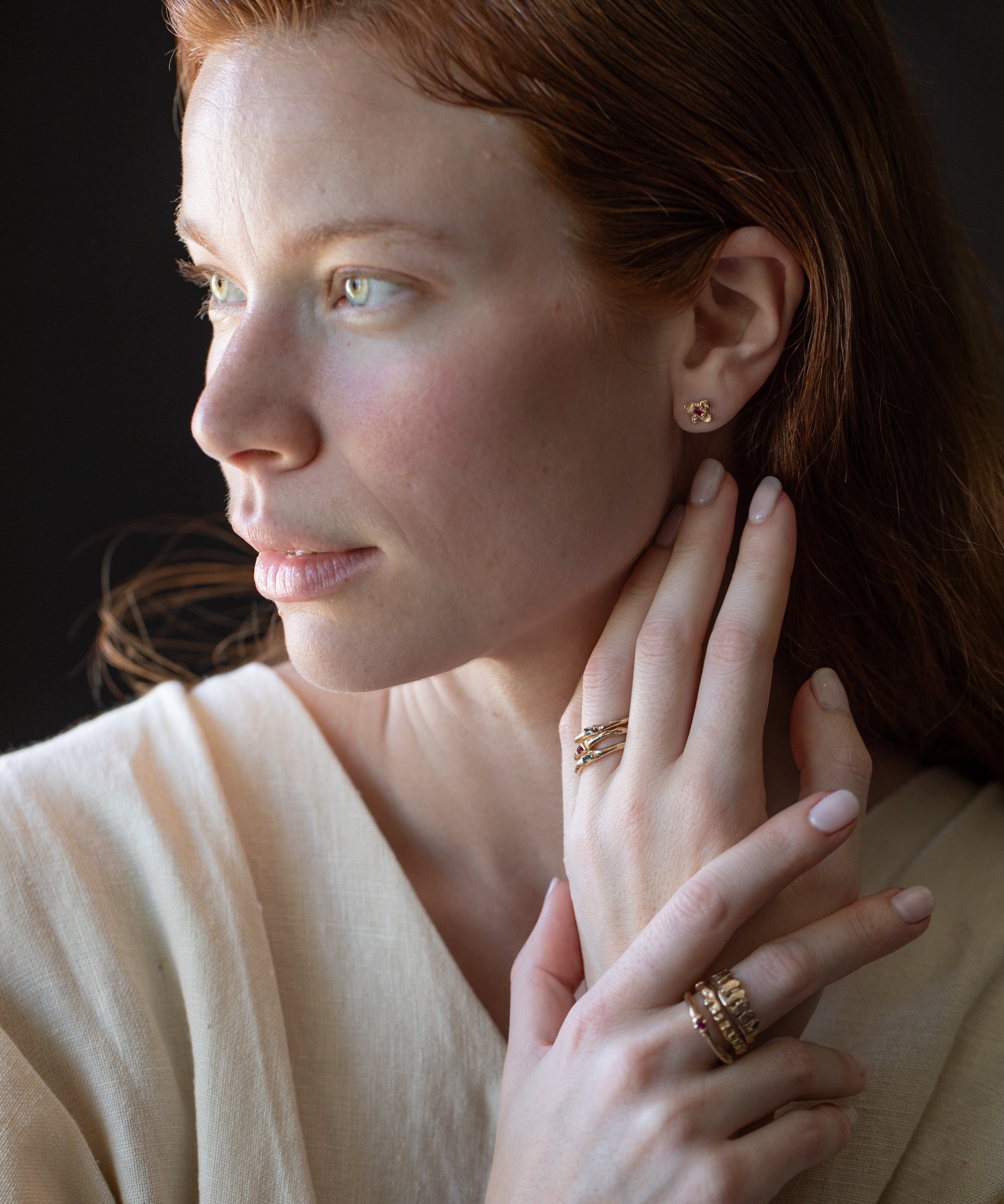 IDUN Stud Earring worn on ear, 14K Fairmined gold
