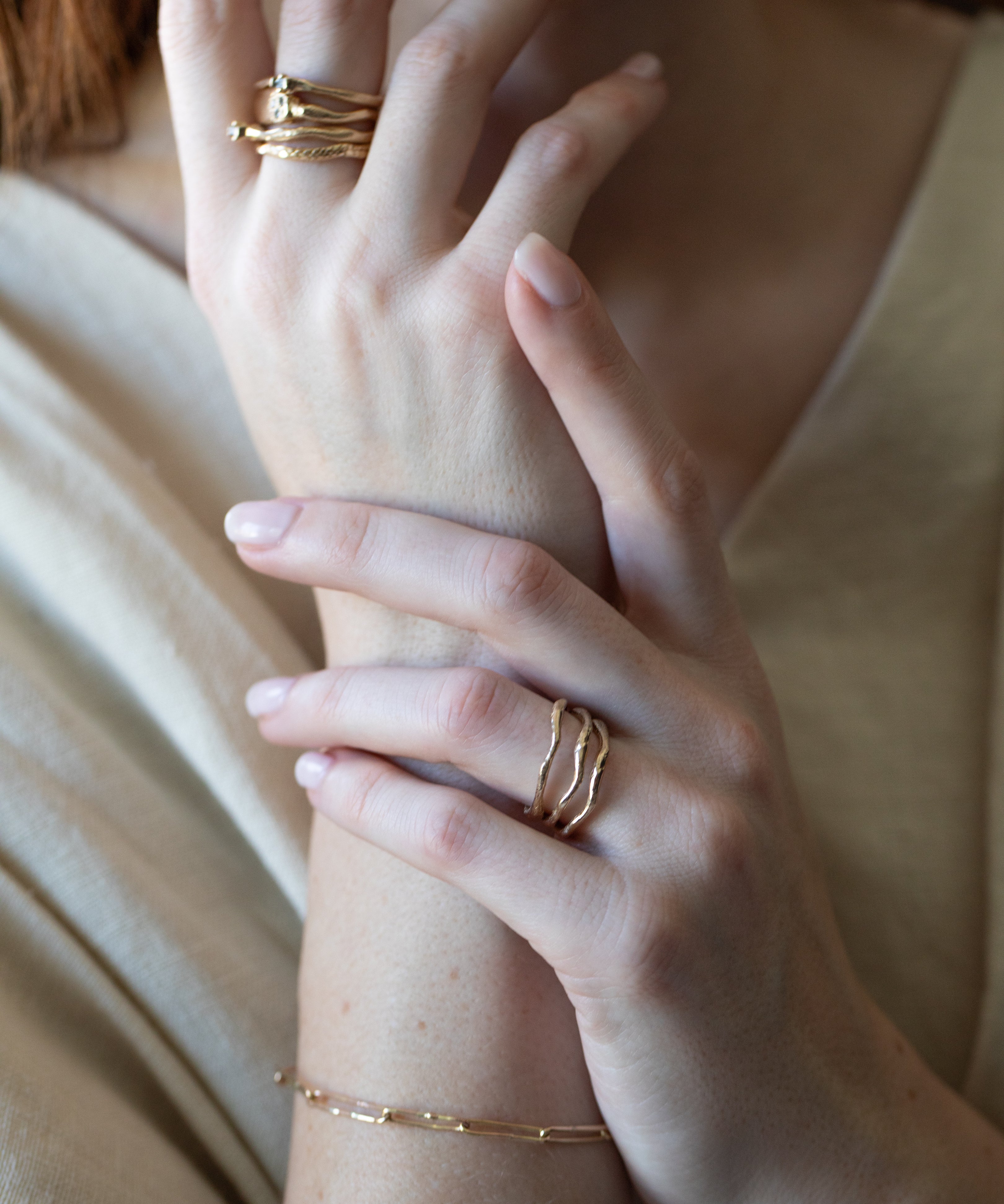 EINAR Stacking Ring worn on hand, sculptural lost wax cast detail