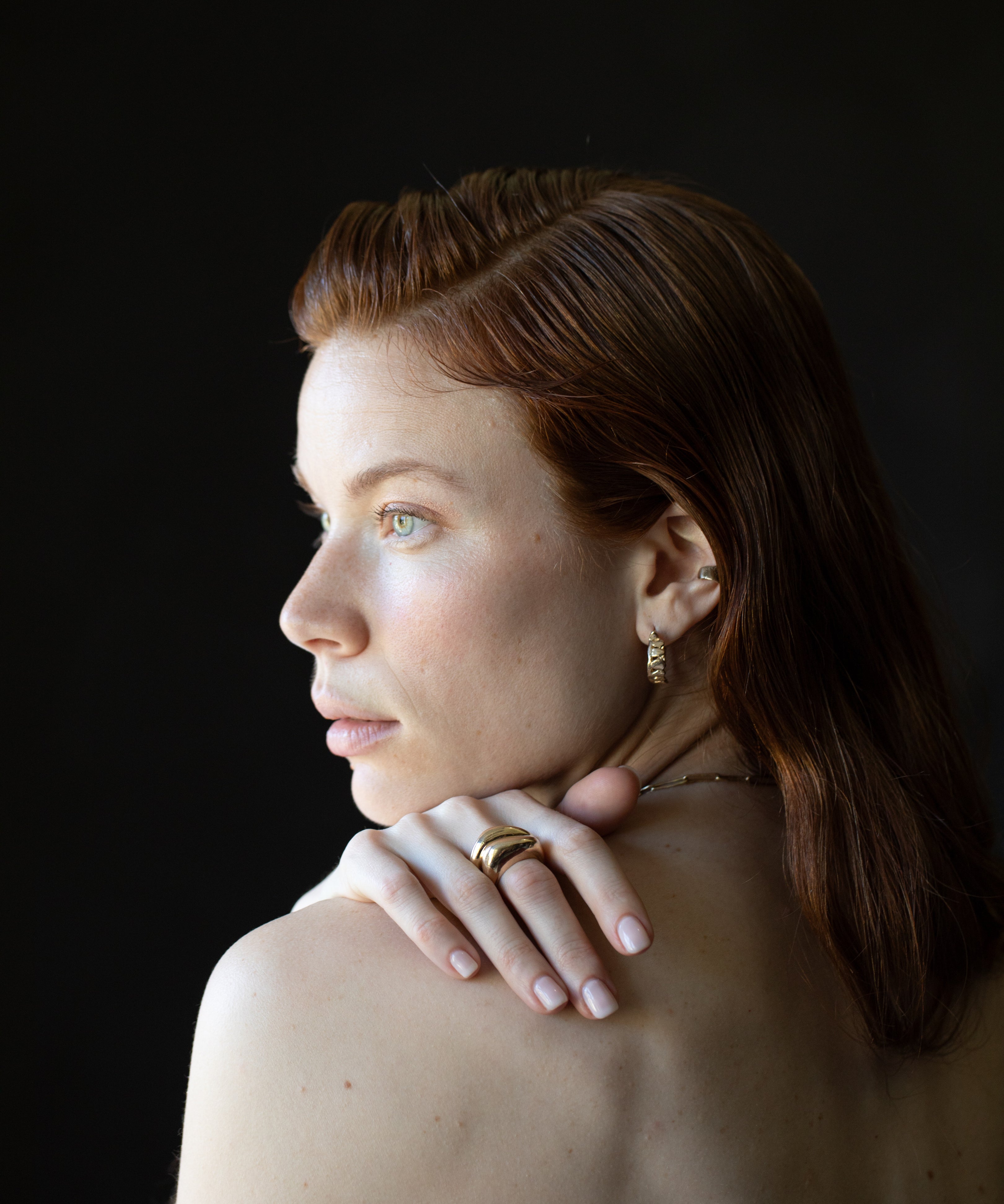 GLENR Square Dome Ring worn on hand, sculptural lost wax cast detail