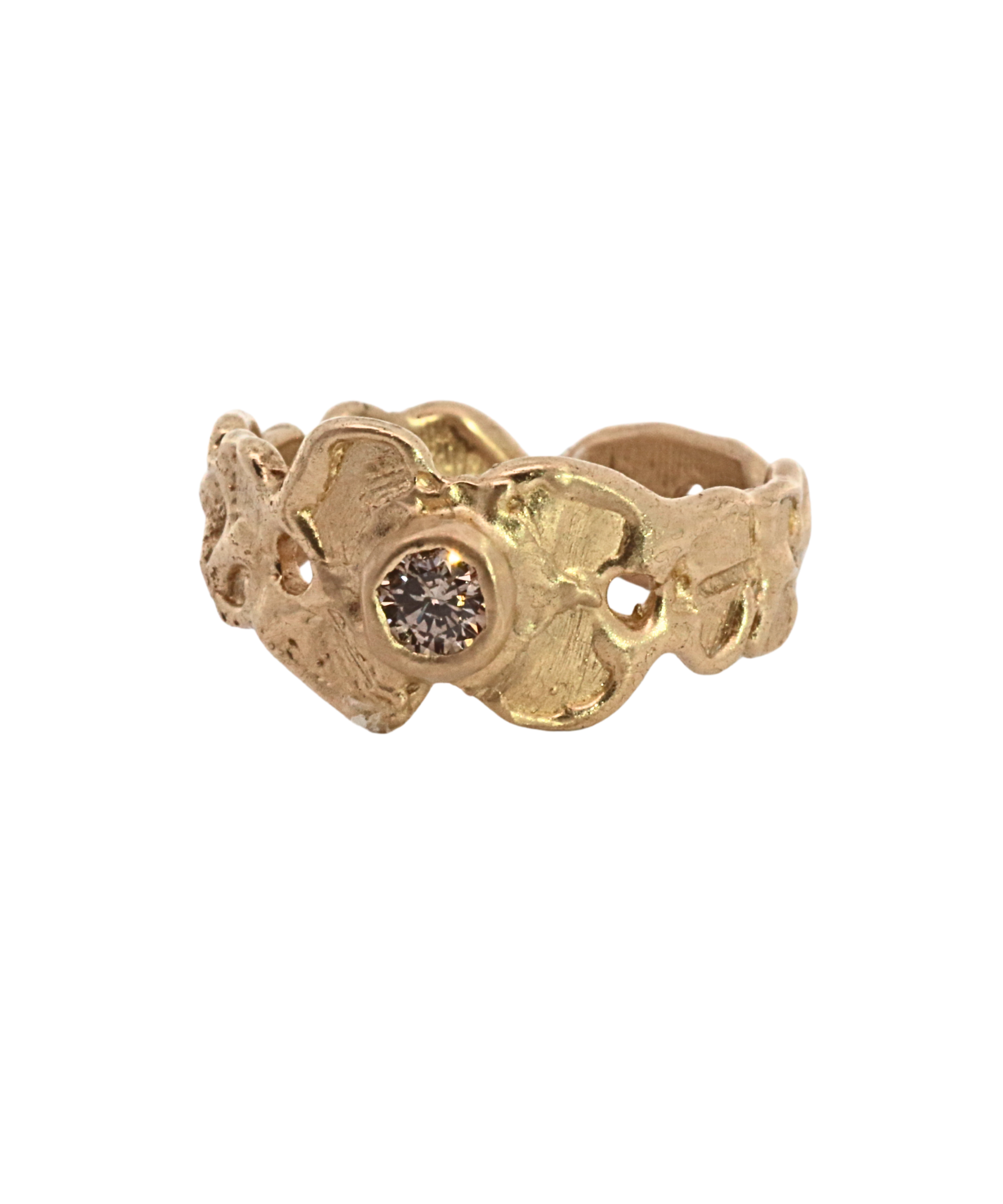 ERNA Ring with Champagne Diamond Round Brilliant 14K worn on hand, 14K Fairmined gold