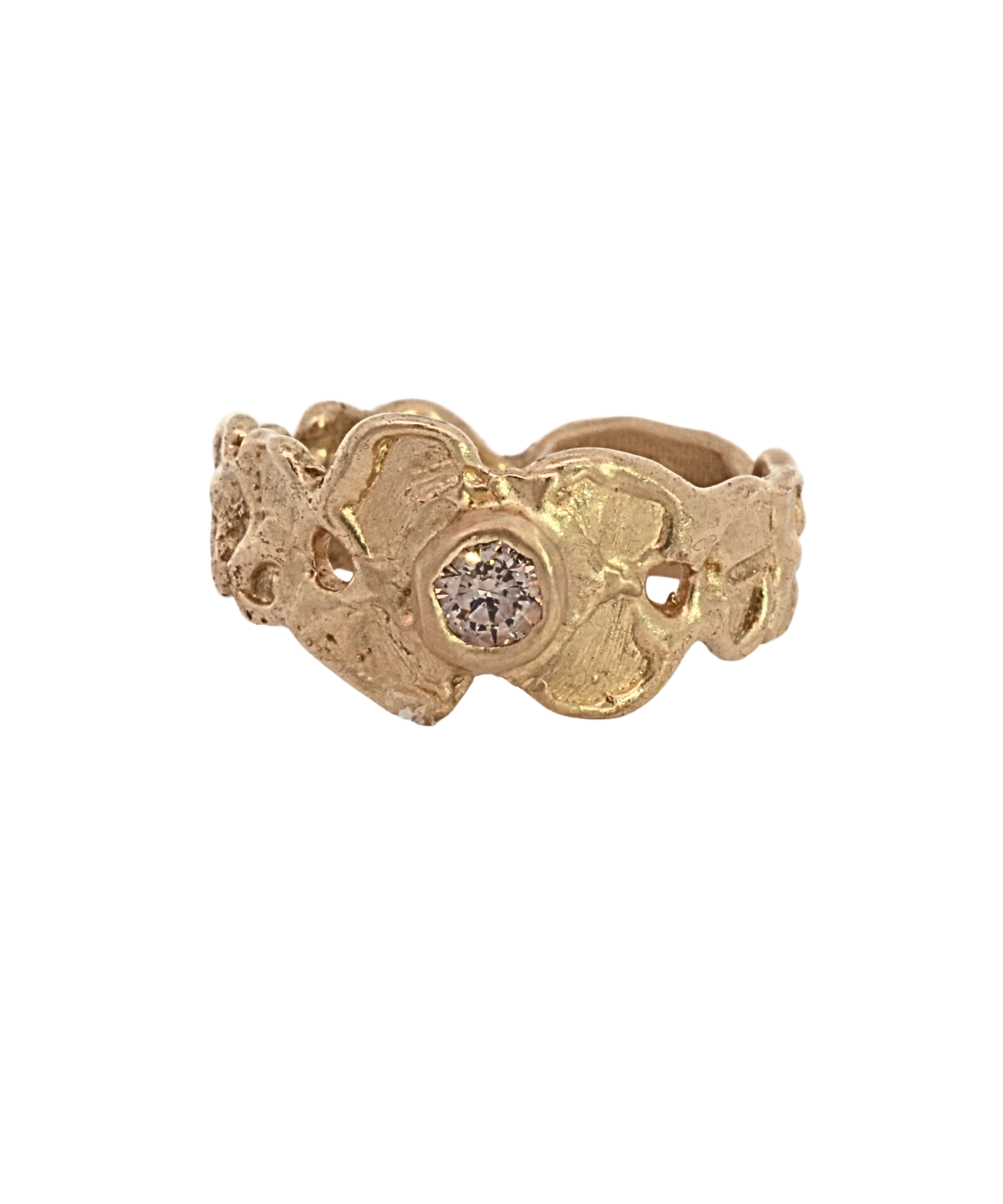 ERNA Ring with Champagne Diamond Round Brilliant 14K texture close-up showing lost wax cast detail, 14K Fairmined gold