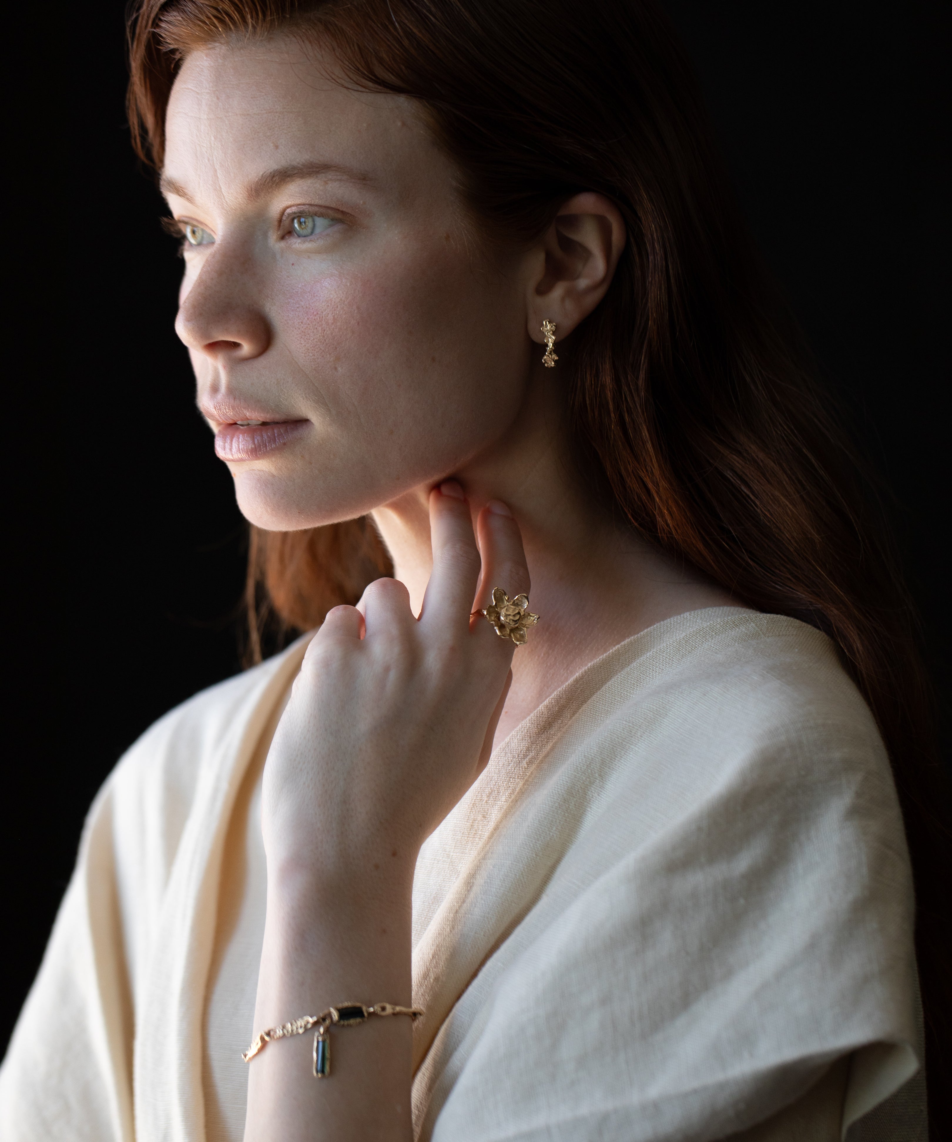 RORA Giant Flower Signet Ring texture close-up showing hand-carved detail, 14K Fairmined gold