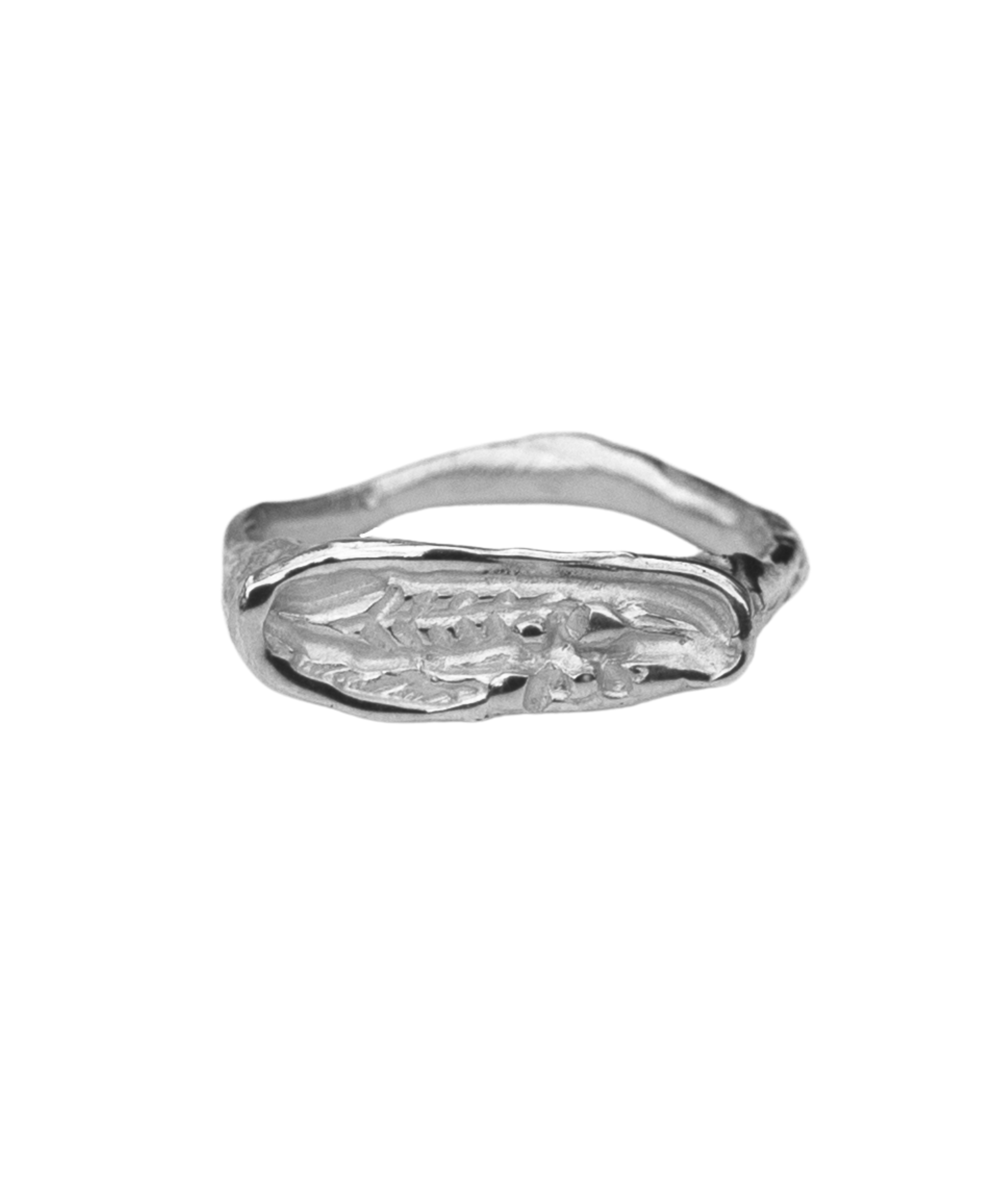 FRIKA Wide Stacker Ring texture close-up showing lost wax cast detail, recycled sterling silver