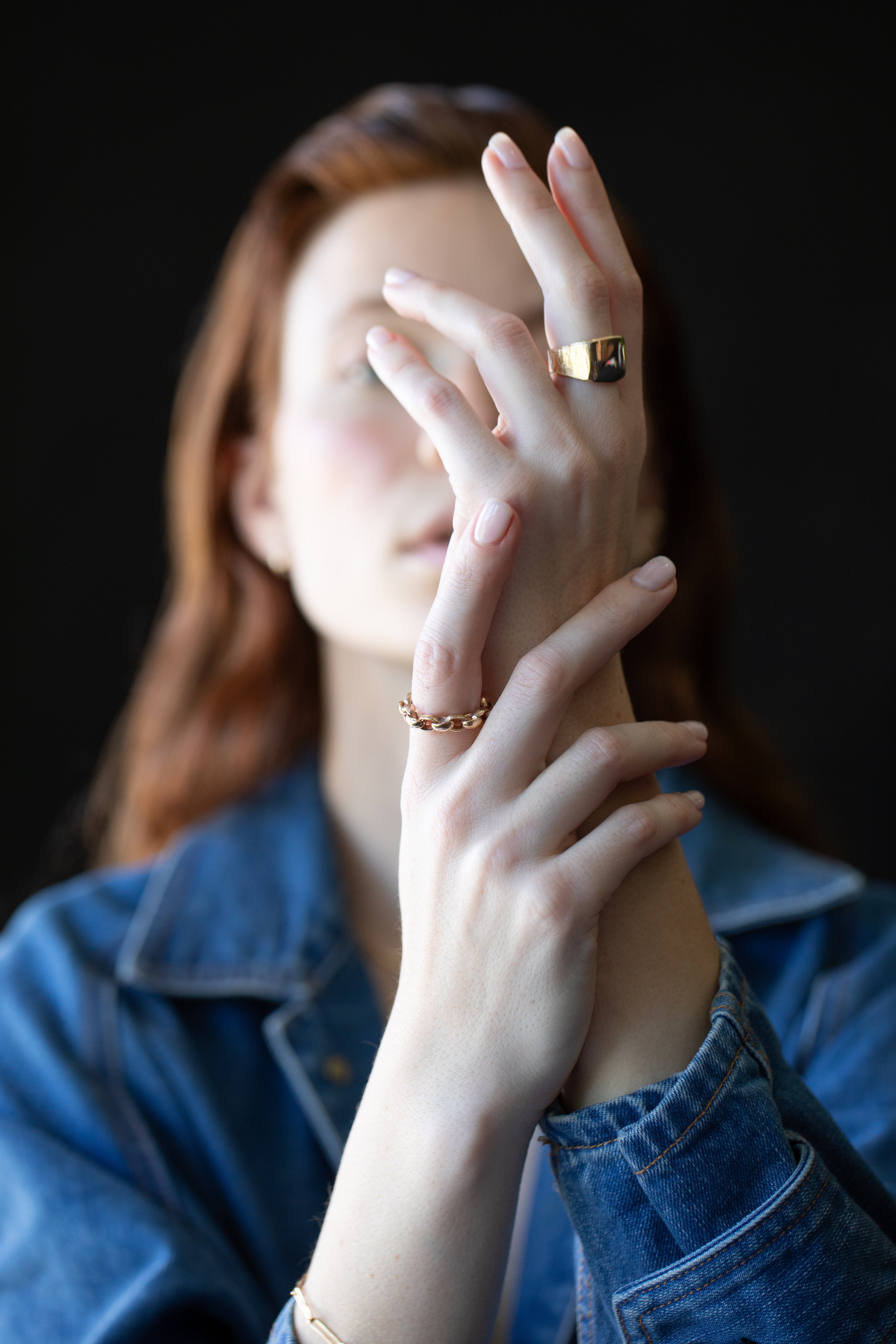 Unisex gold jewelry collection, chunky mens chain link ring and signet band