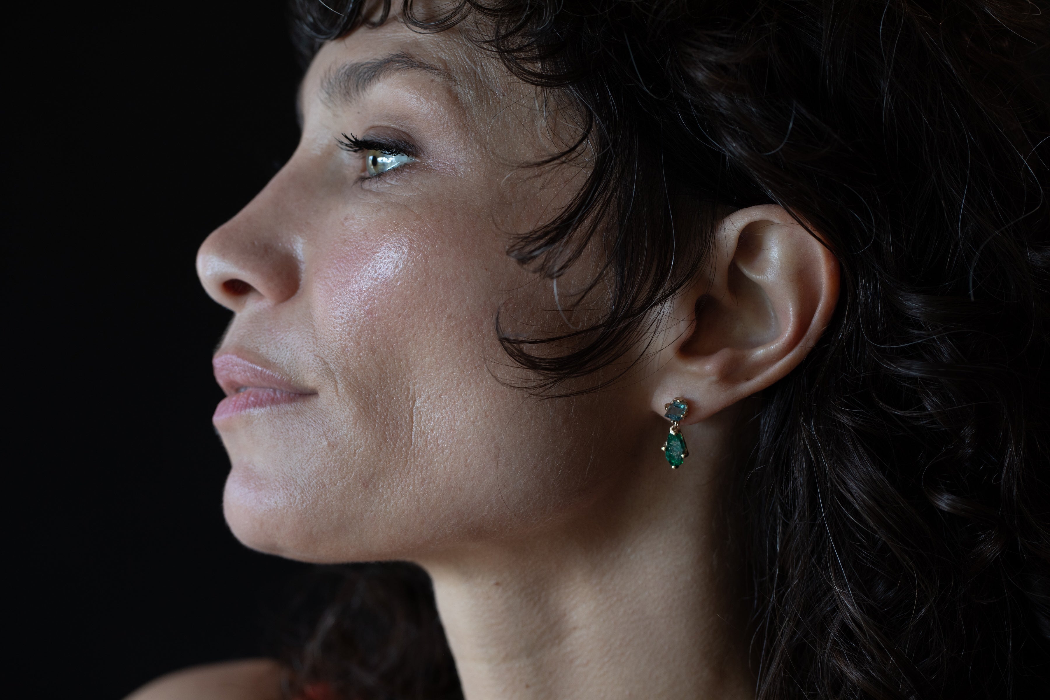 MILA Earrings worn on ear, 14K Fairmined gold