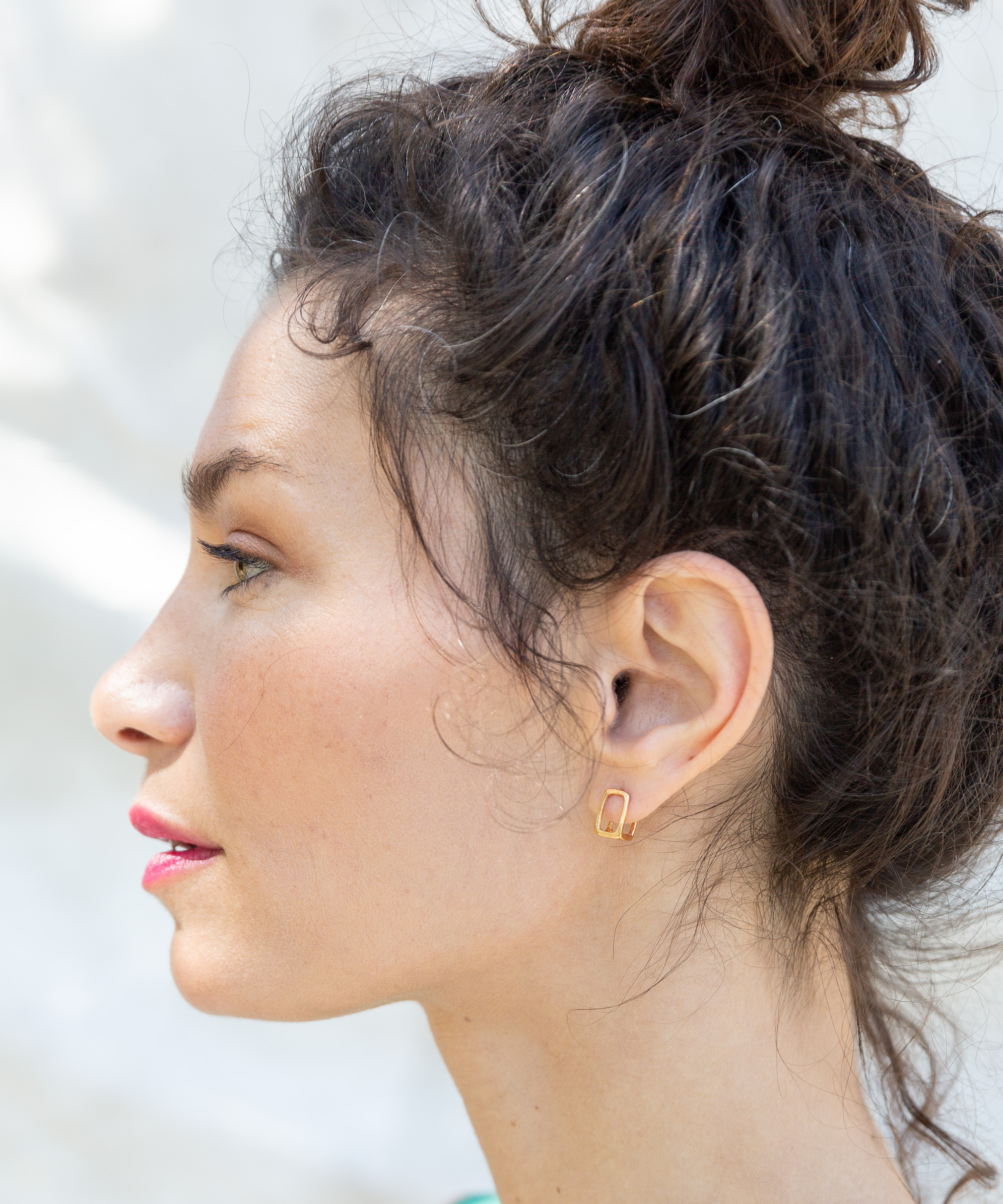 BOX Frame Hoop Earrings worn on ear, sculptural lost wax cast detail