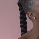 Model Wearing Big Moon Stud Earrings with Minimalist Design