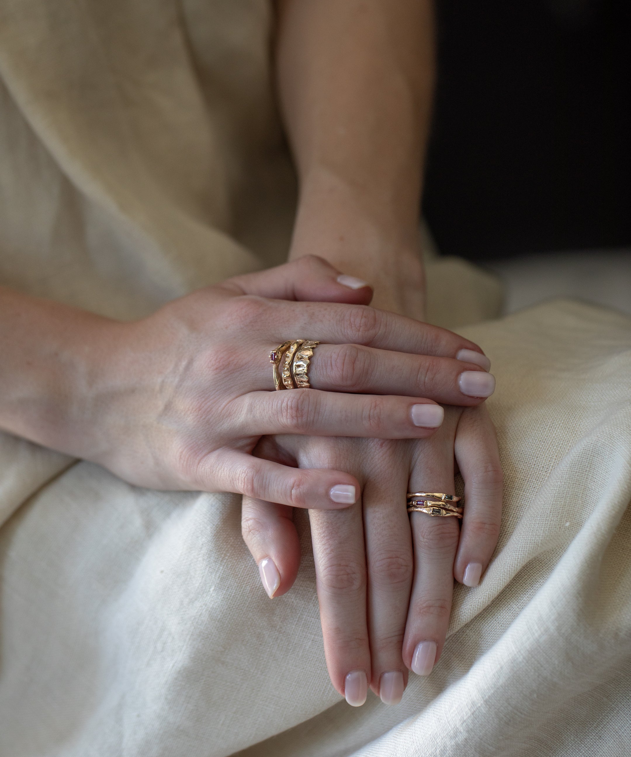 DORTE Crown Stacker Ring worn on hand, sculptural lost wax cast detail