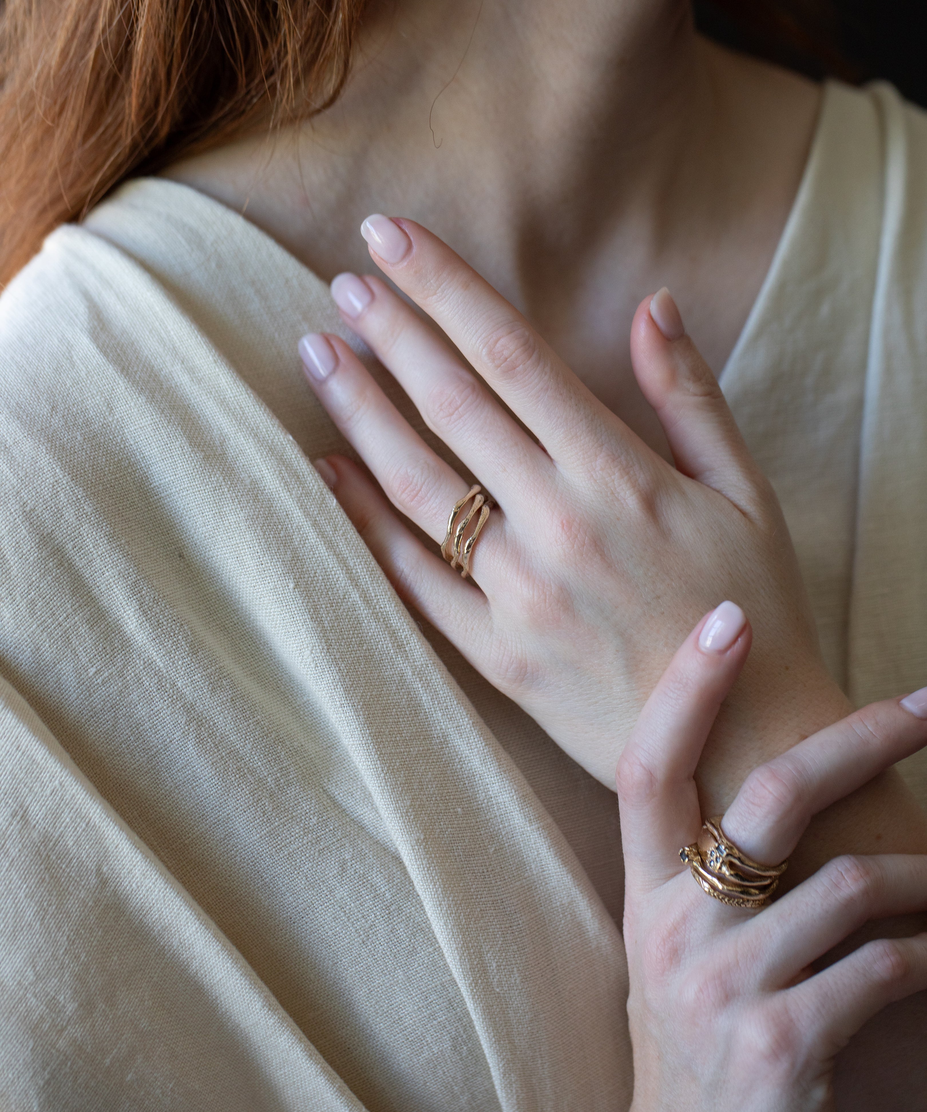 EINAR Stacking Ring worn on hand, sculptural lost wax cast detail
