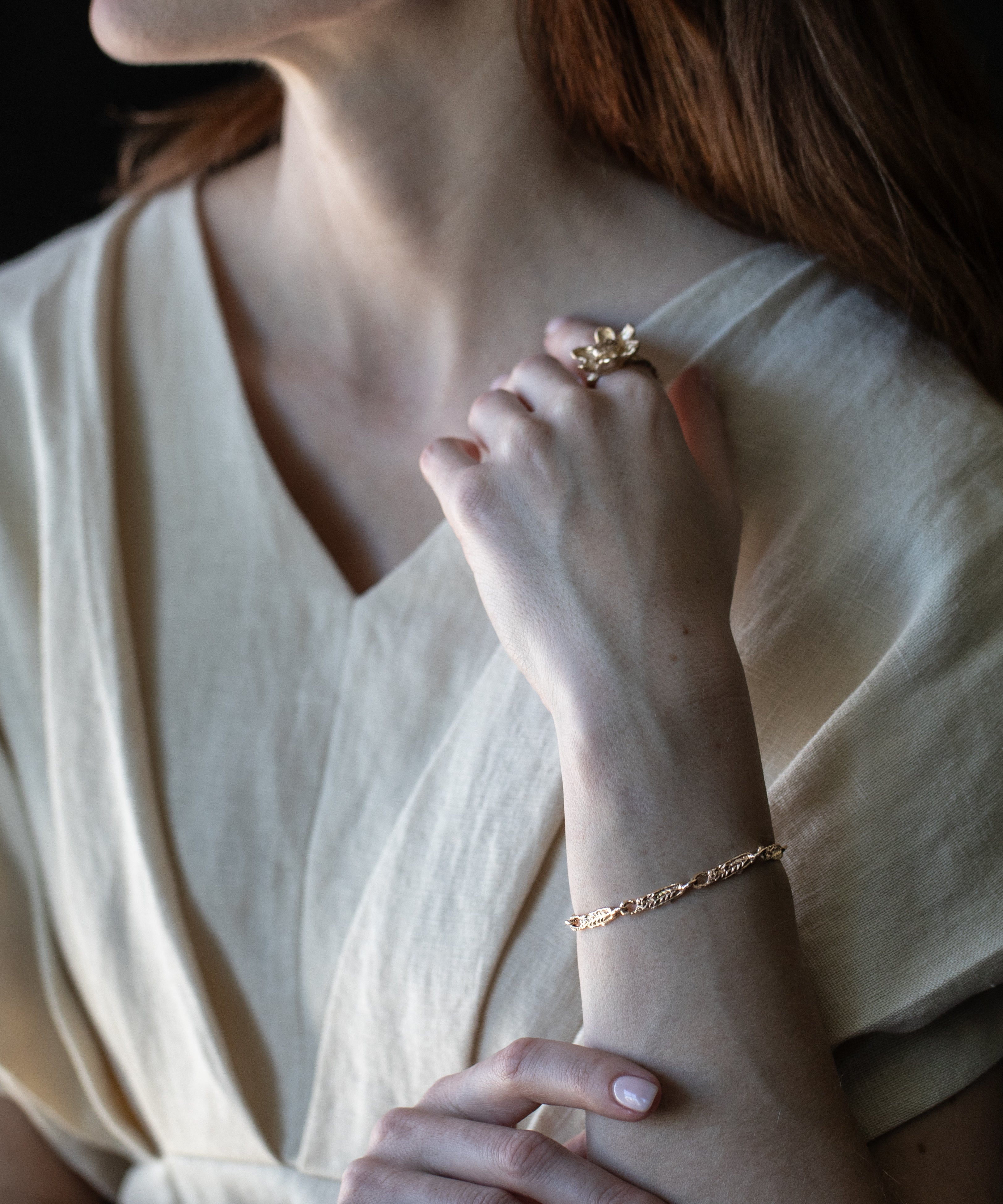 FRIKA Link Bracelet worn on wrist, sculptural lost wax cast detail
