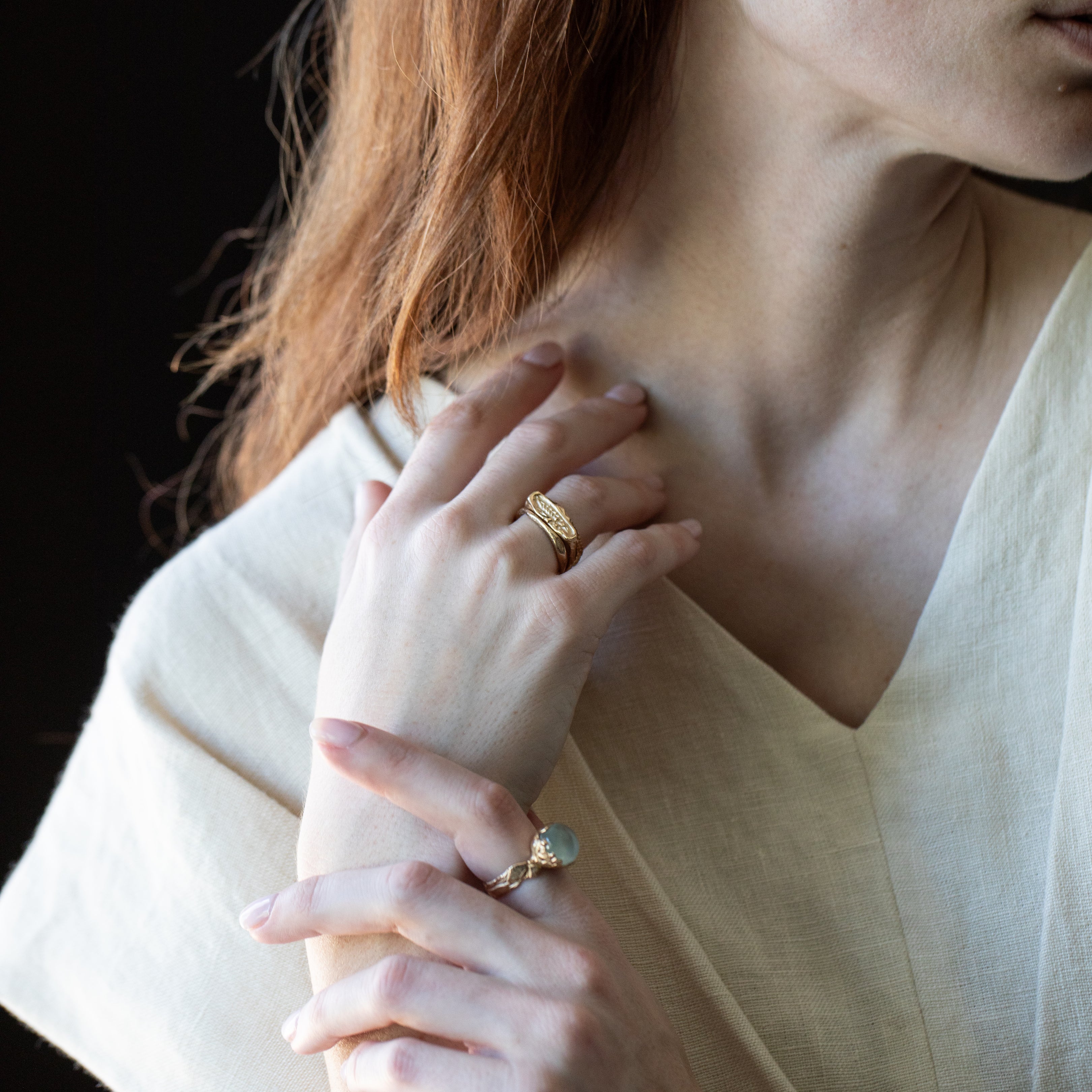 Model Wearing FRIKA Wide Stacker Ring with Elegant Style