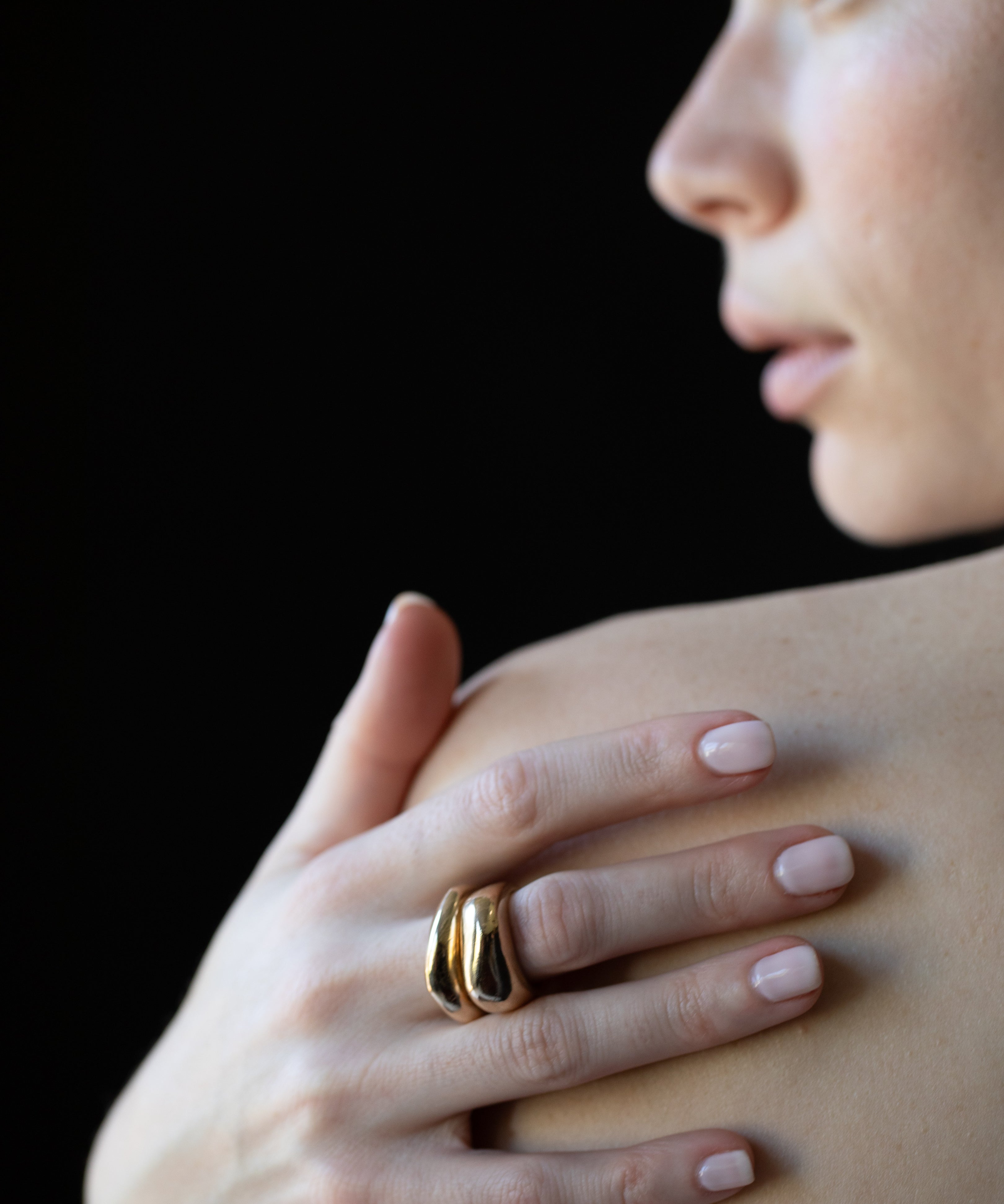 GLENR Dome Ring Stack worn on hand, sculptural lost wax cast detail