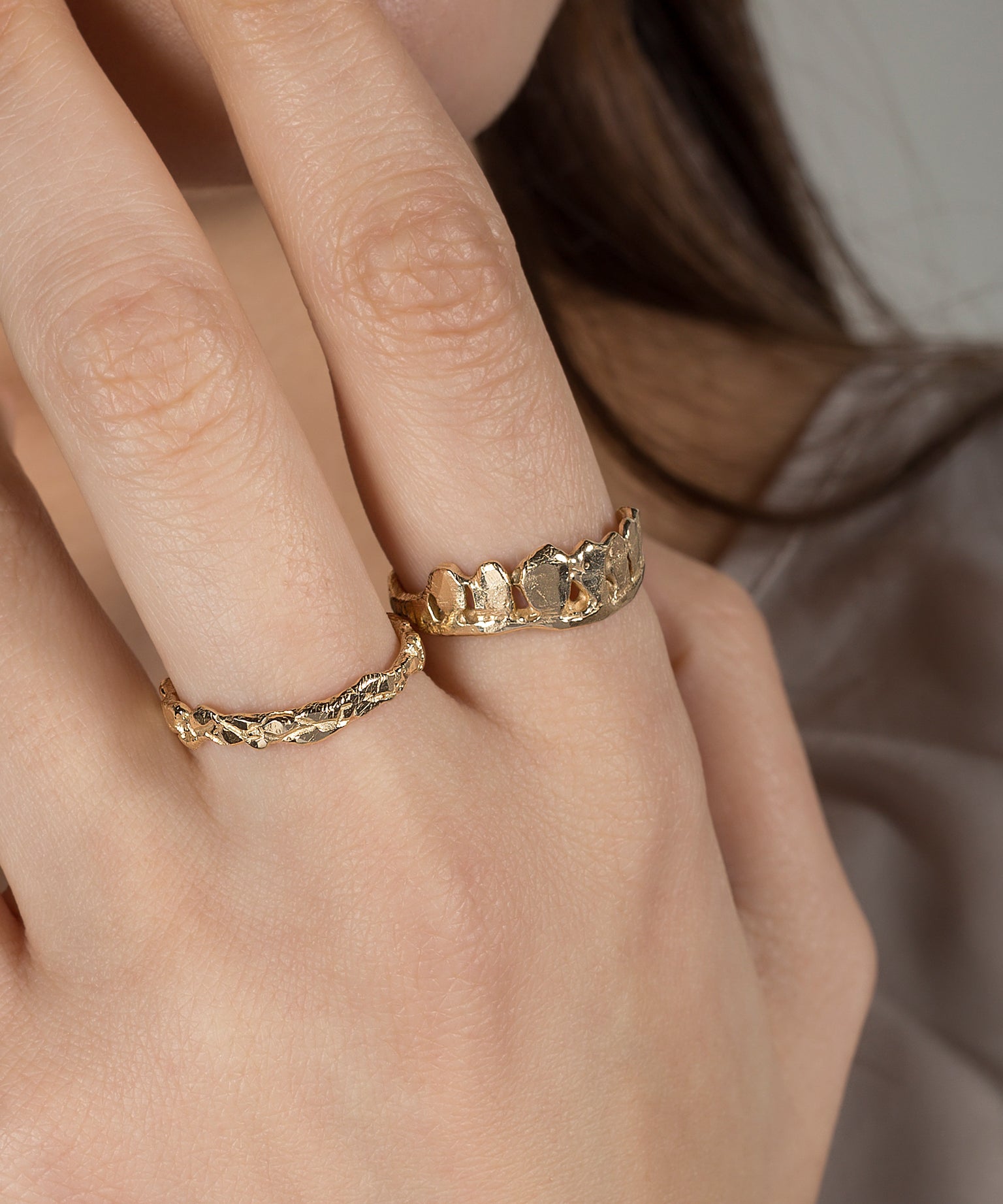 SINDRE Wavy Floral Stacker Ring worn on hand, sculptural hand-carved detail