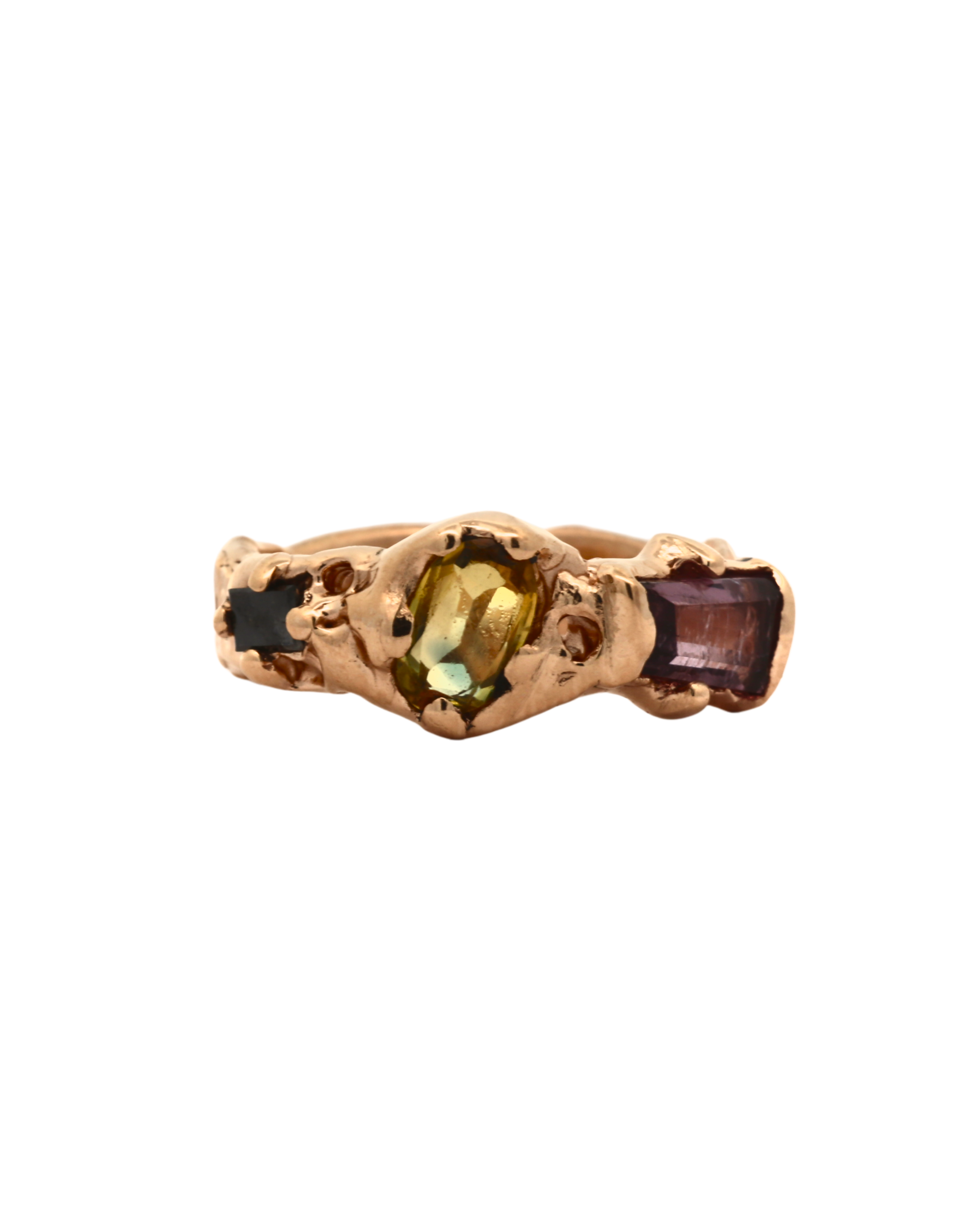 No. 83 OOAK Ring with black diamond baguette and bi-color sapphire set in 14K Fairmined gold