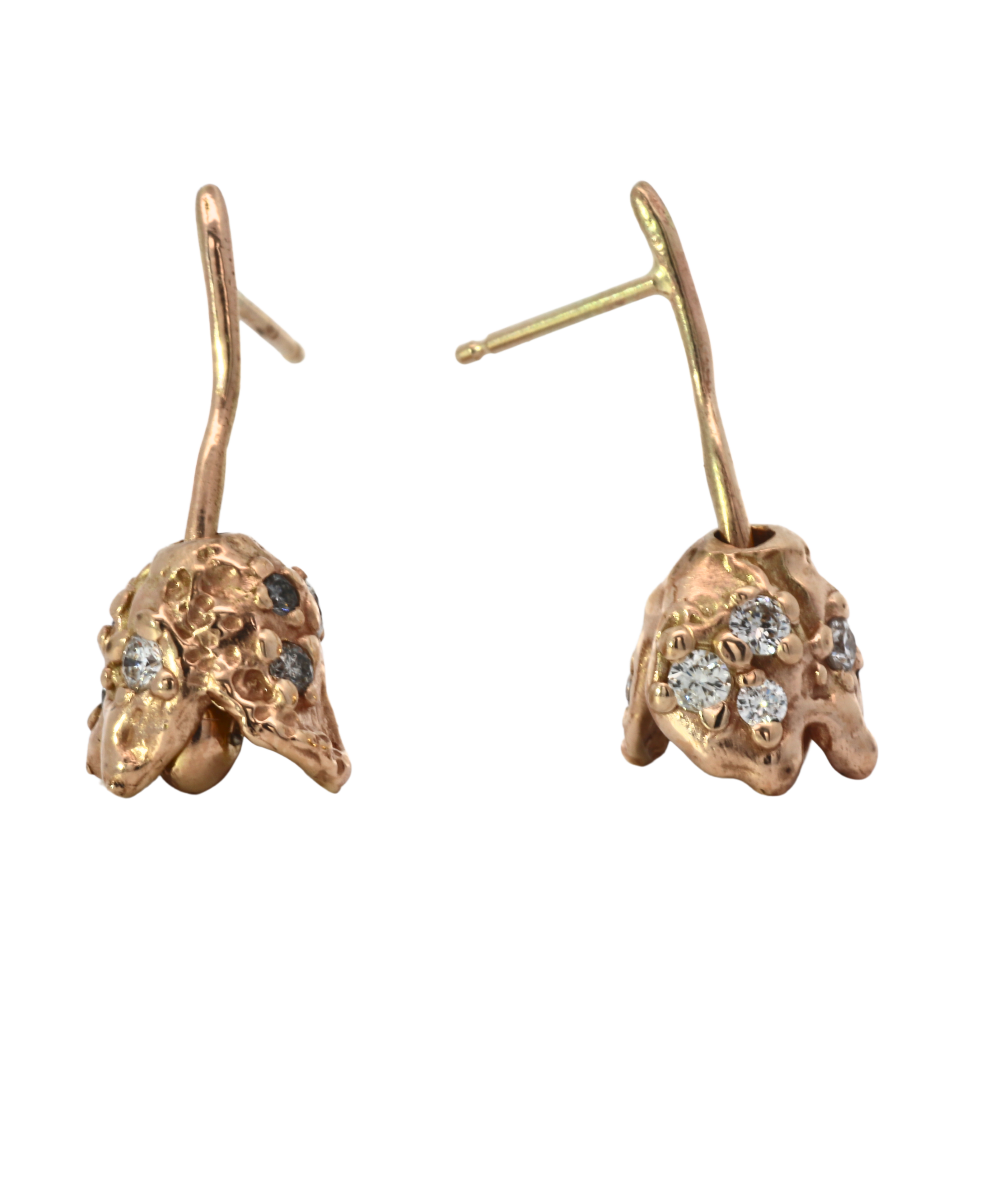 ROTA II earrings in 14K gold with rotating bell-shaped petals and diamonds