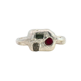 SEB Pinky Ring in recycled sterling silver with sapphire and ruby, sand cast