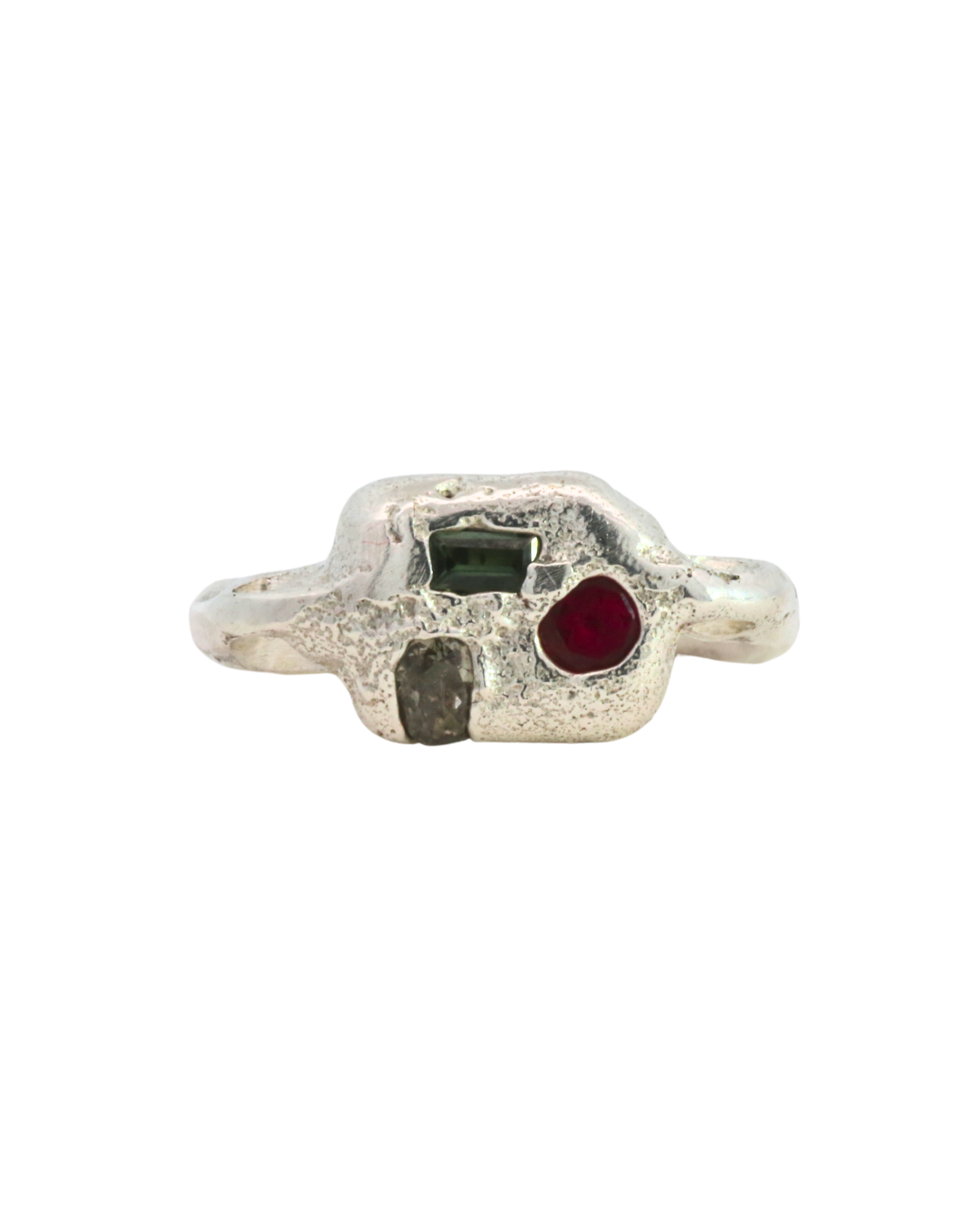 SEB Pinky Ring in recycled sterling silver with sapphire and ruby, sand cast