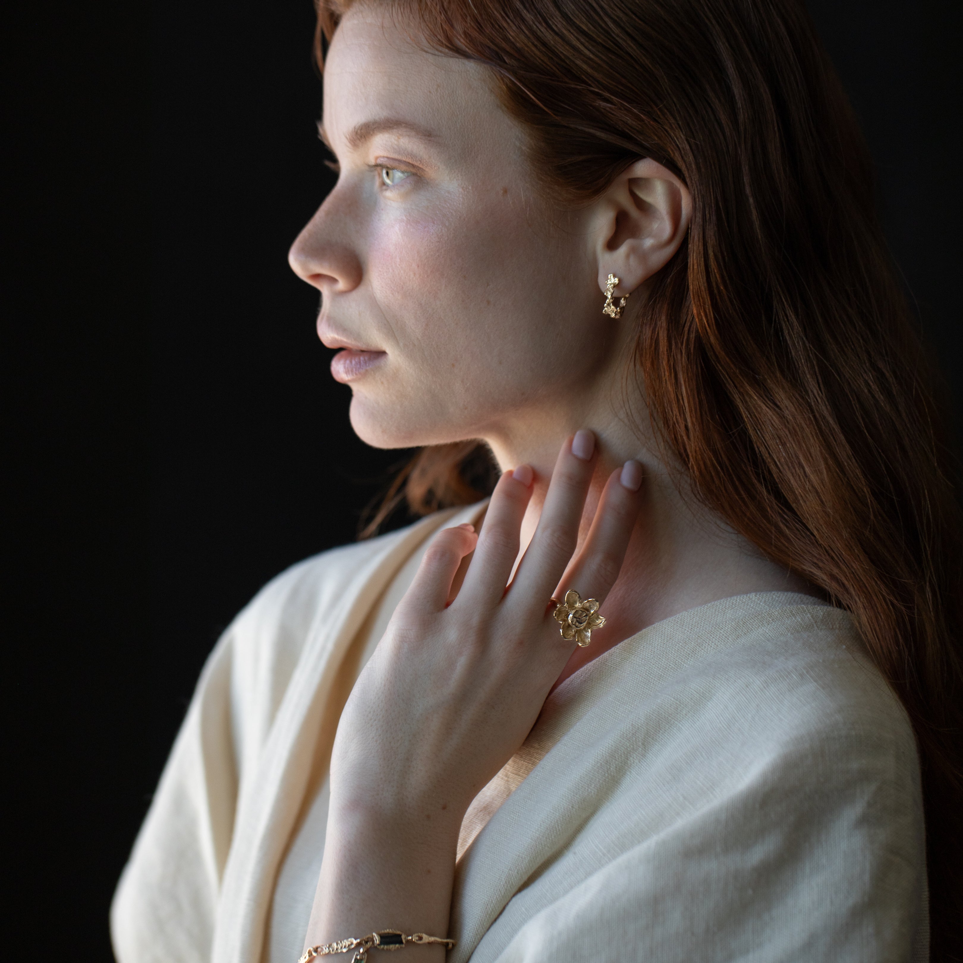 sculptural jewelry flower statement ring carved in wax and cast in 14k fairmined gold