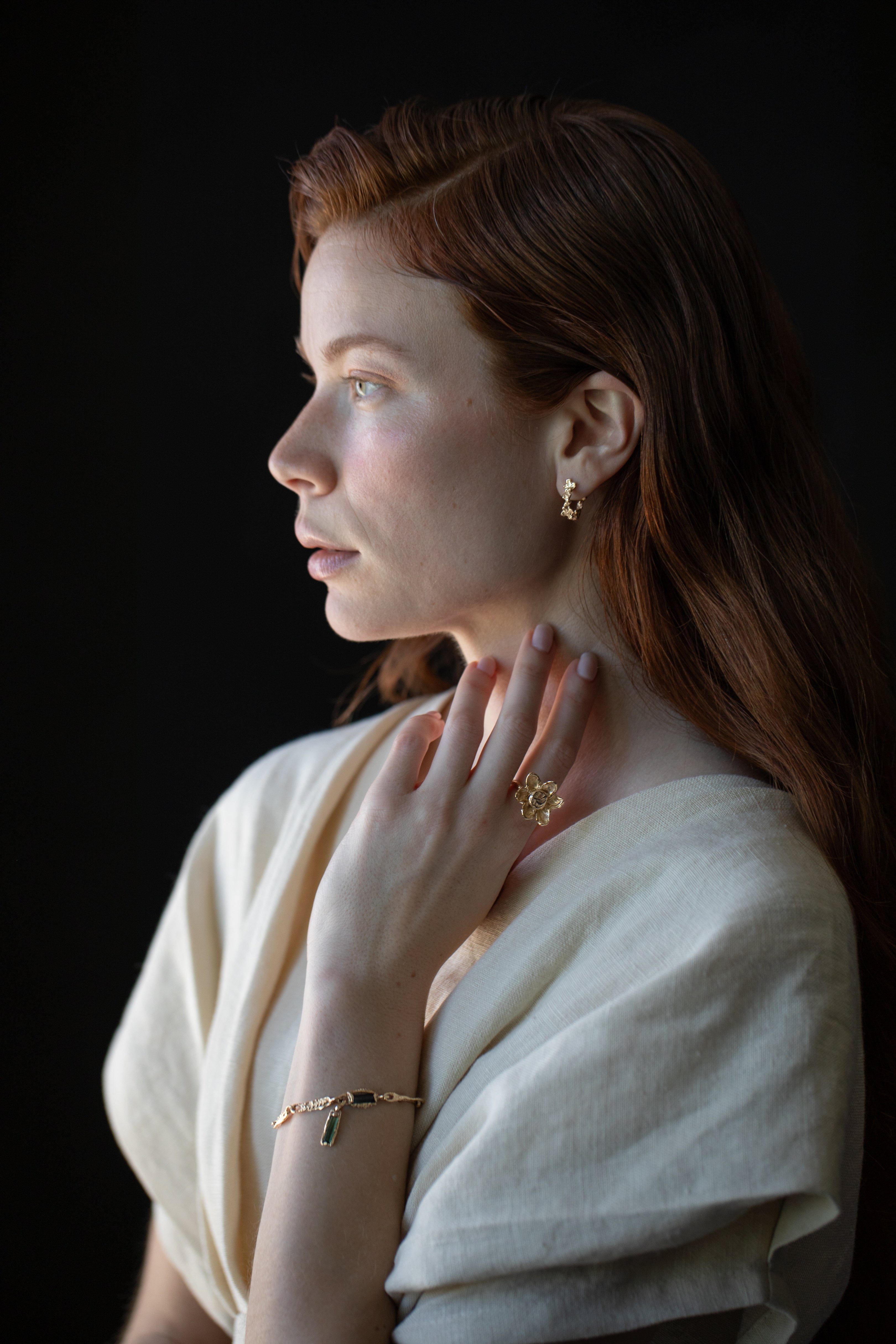 sculptural jewelry flower statement ring carved in wax and cast in 14k fairmined gold