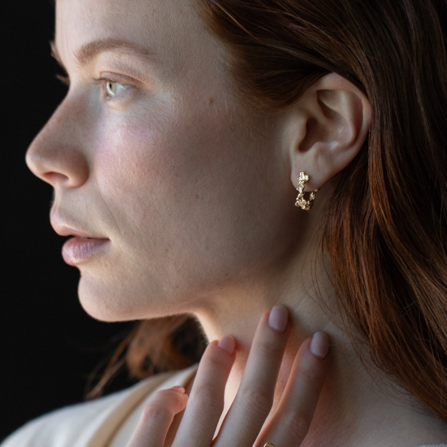 Floral jewelry cast in 14k gold, giant flower ring and floral hoop earrings