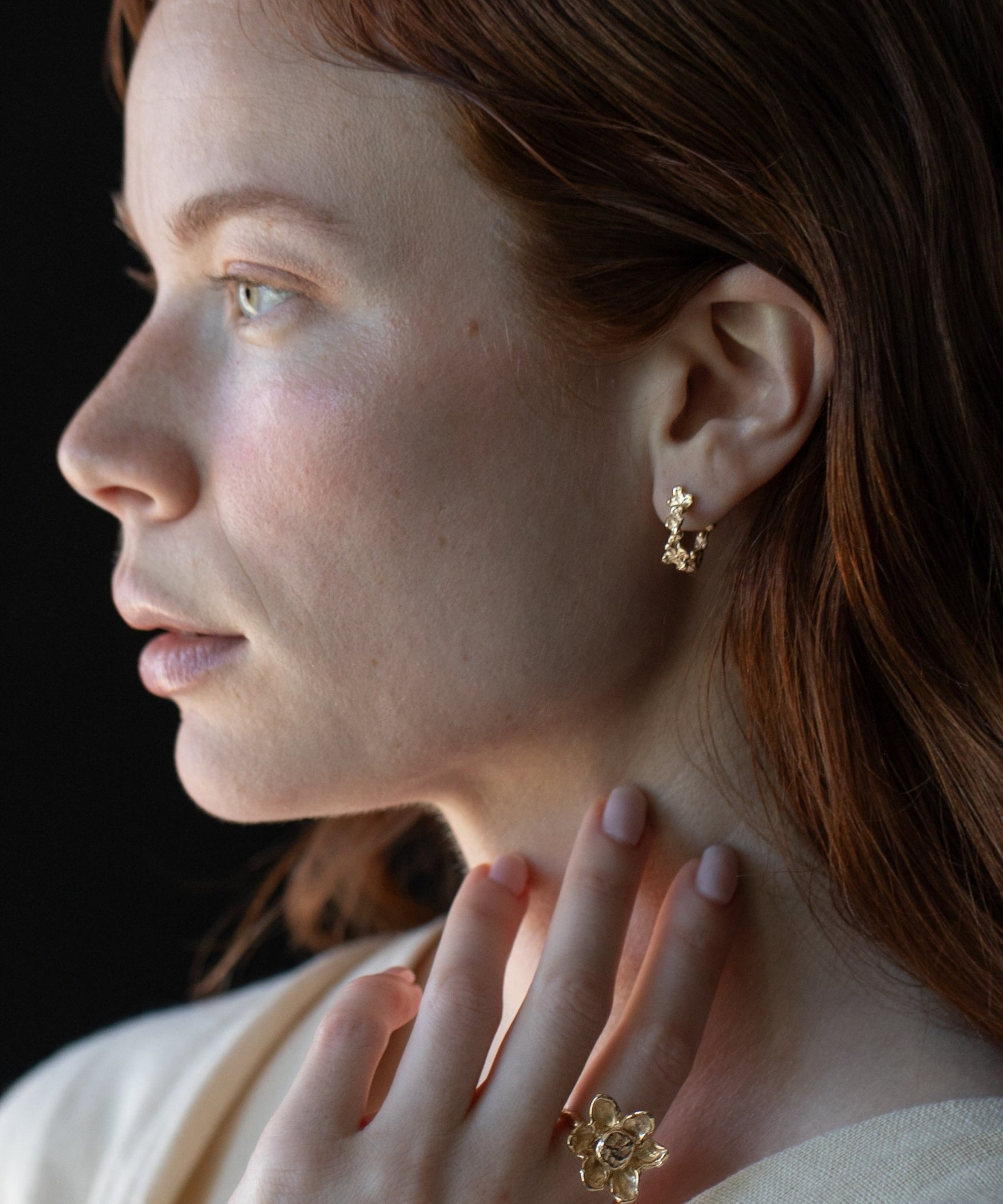 Floral jewelry cast in 14k gold, giant flower ring and floral hoop earrings