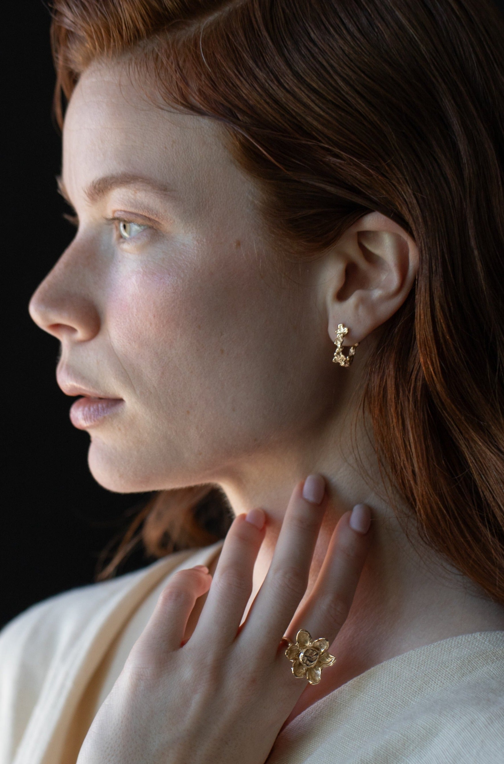 Floral jewelry cast in 14k gold, giant flower ring and floral hoop earrings