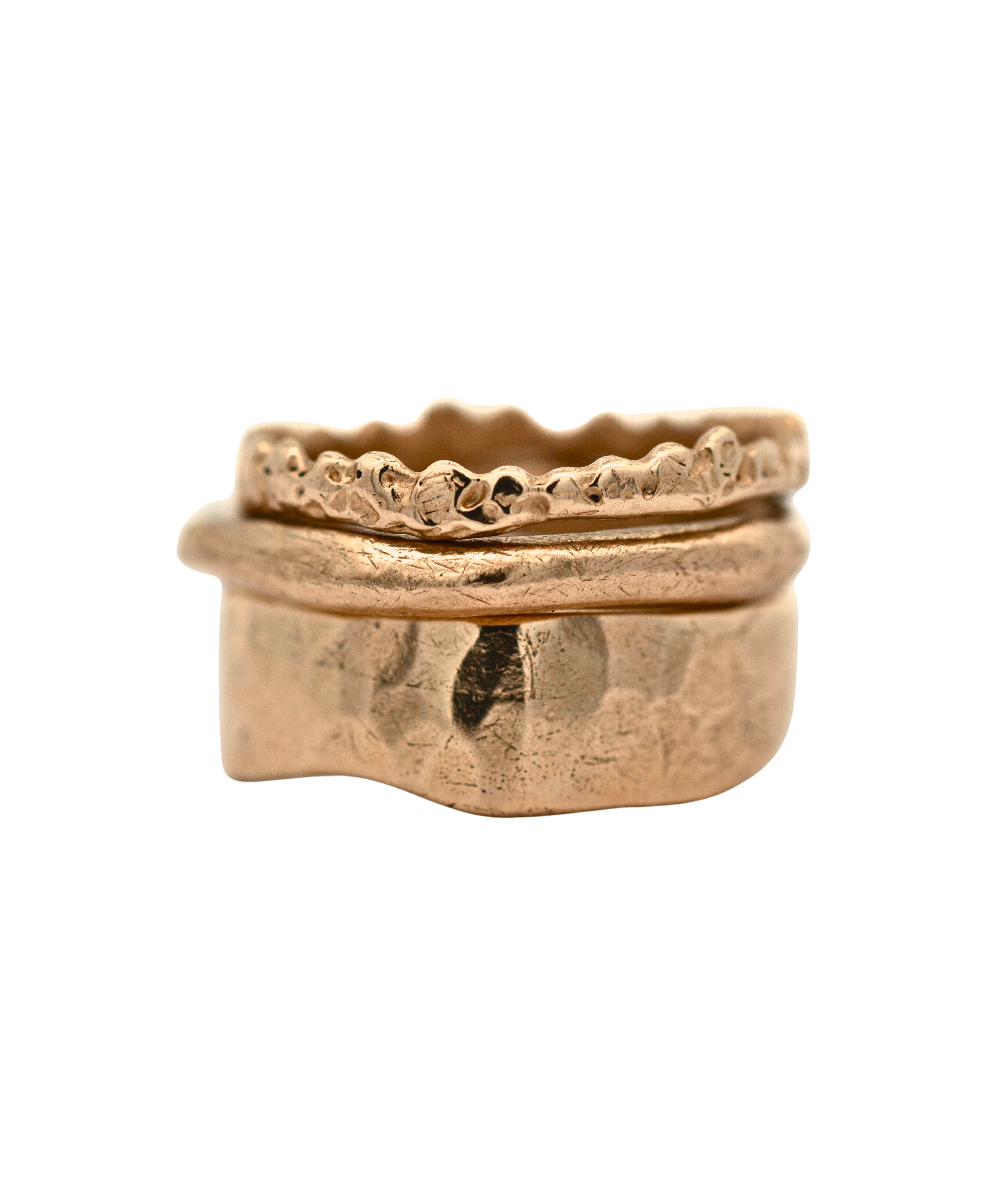 SIGR Wide Half Straight Wedding Band Stacker Ring styled in a stack, 14K Fairmined gold