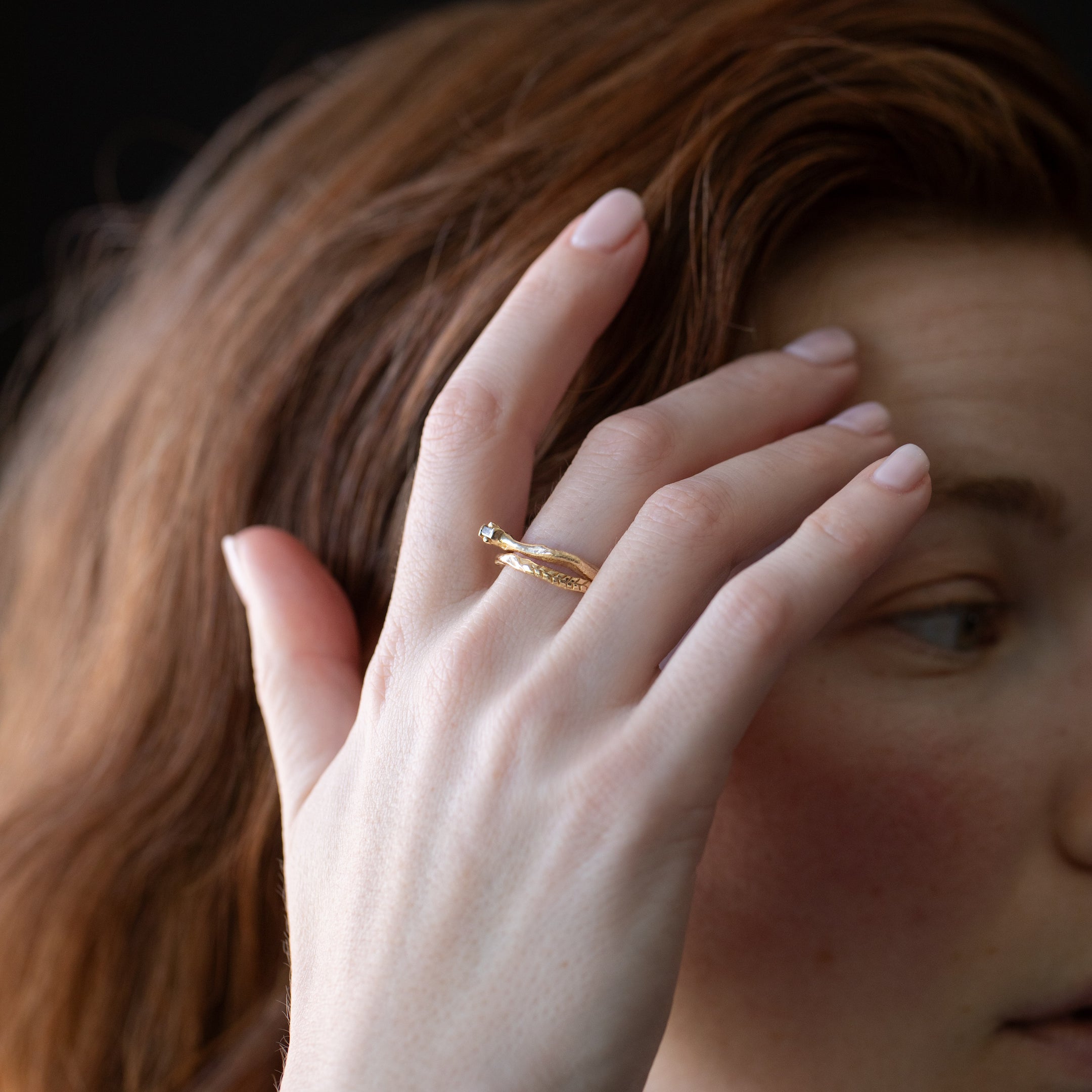 gold fern stacking ring shown with lotte diamond baguette stacking ring engagement wedding band set