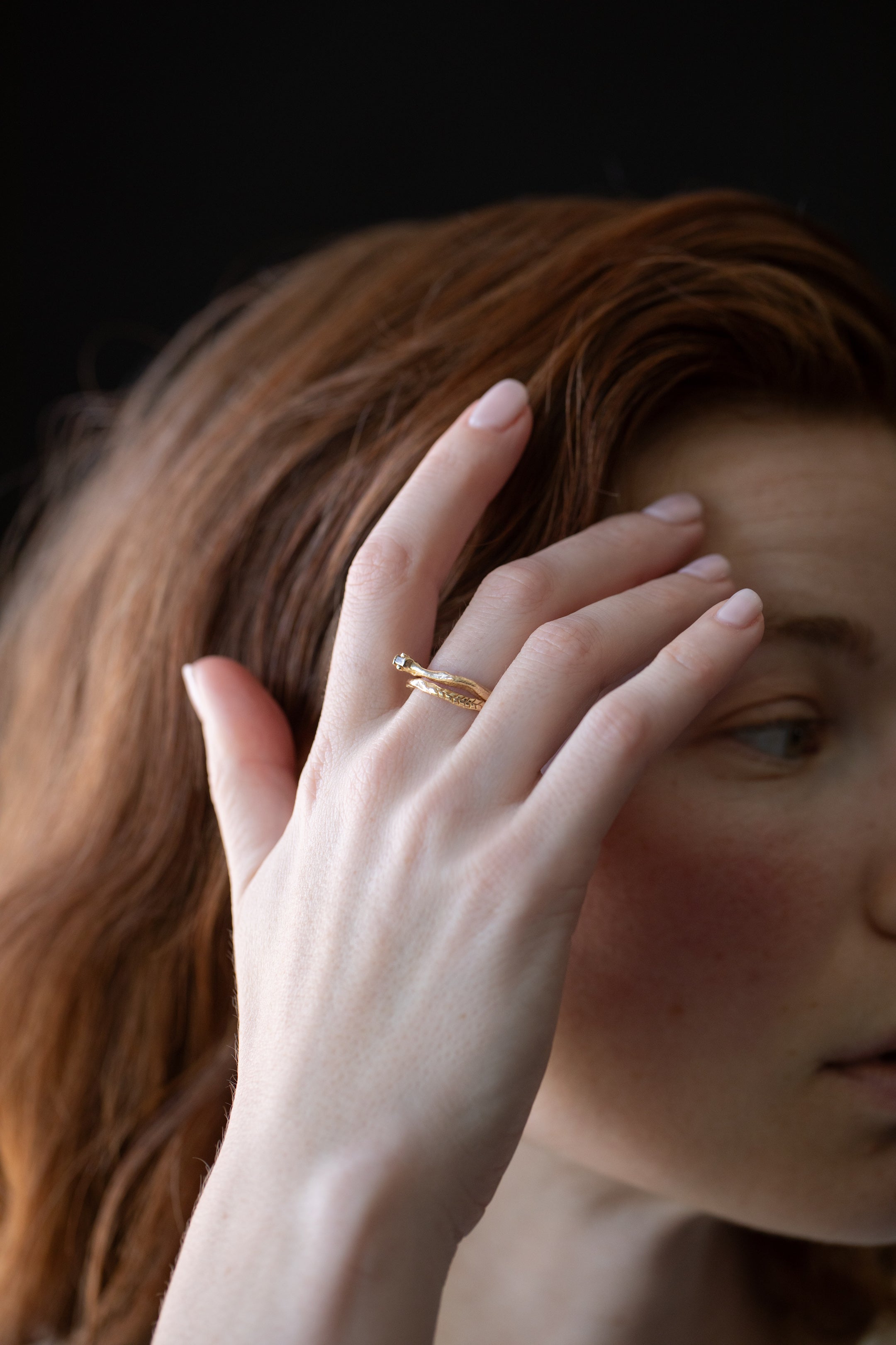 gold fern stacking ring shown with lotte diamond baguette stacking ring engagement wedding band set