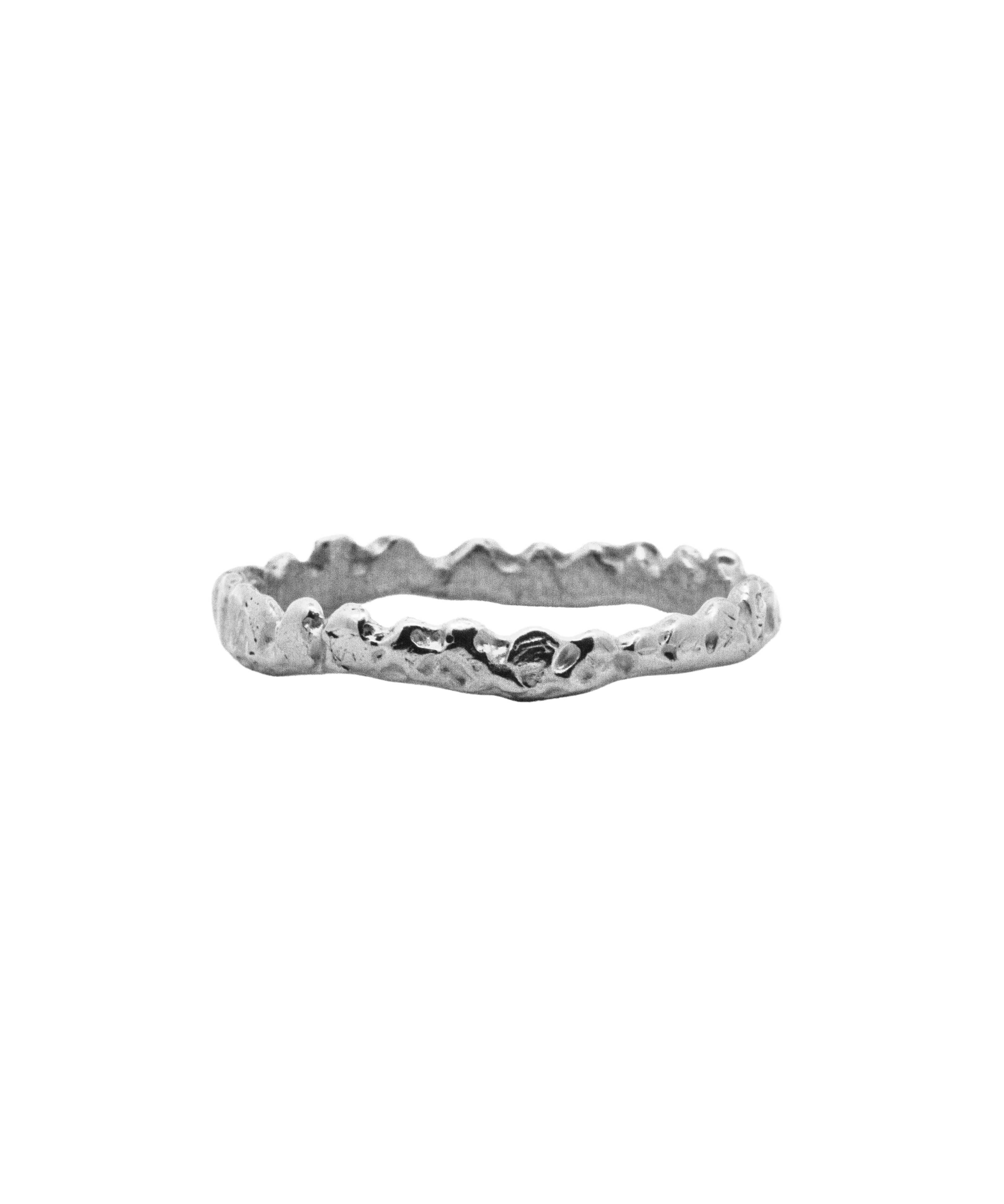 SIGGE Petite Crown Stacker Ring texture close-up showing lost wax cast detail, recycled sterling silver