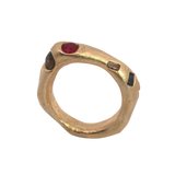WILDER II Ring styled in a stack, 14K Fairmined gold with sapphires and ruby