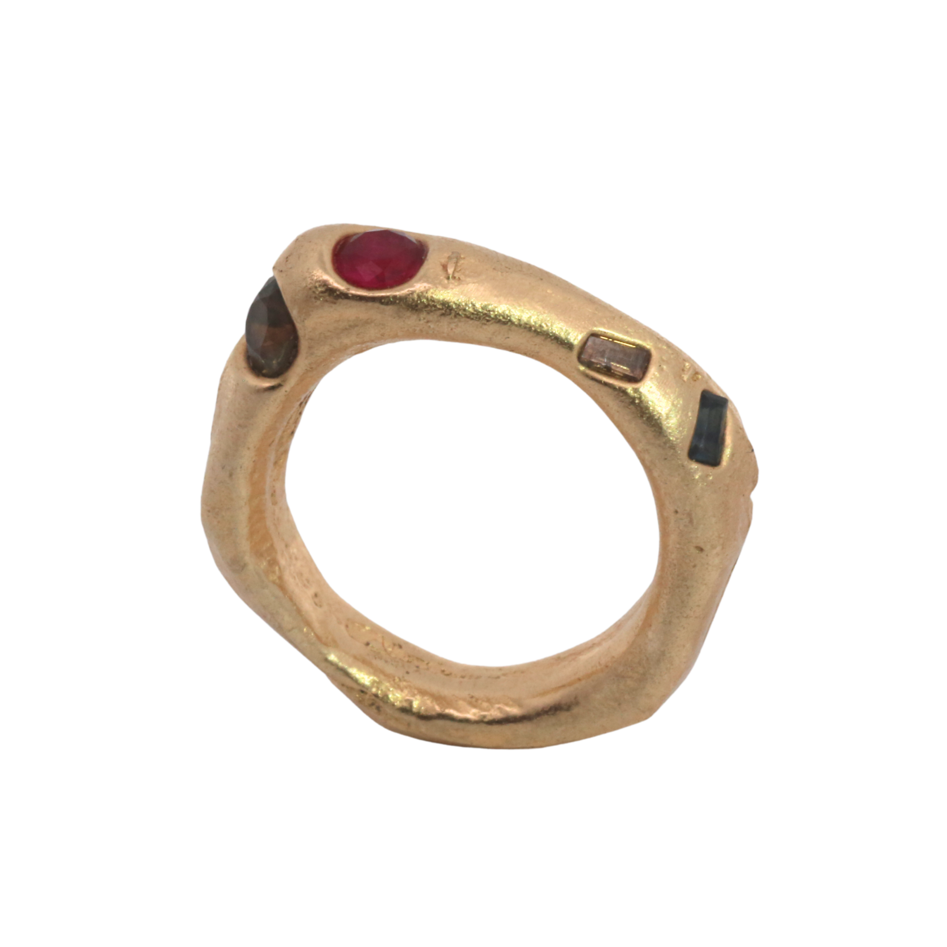 WILDER II Ring styled in a stack, 14K Fairmined gold with sapphires and ruby