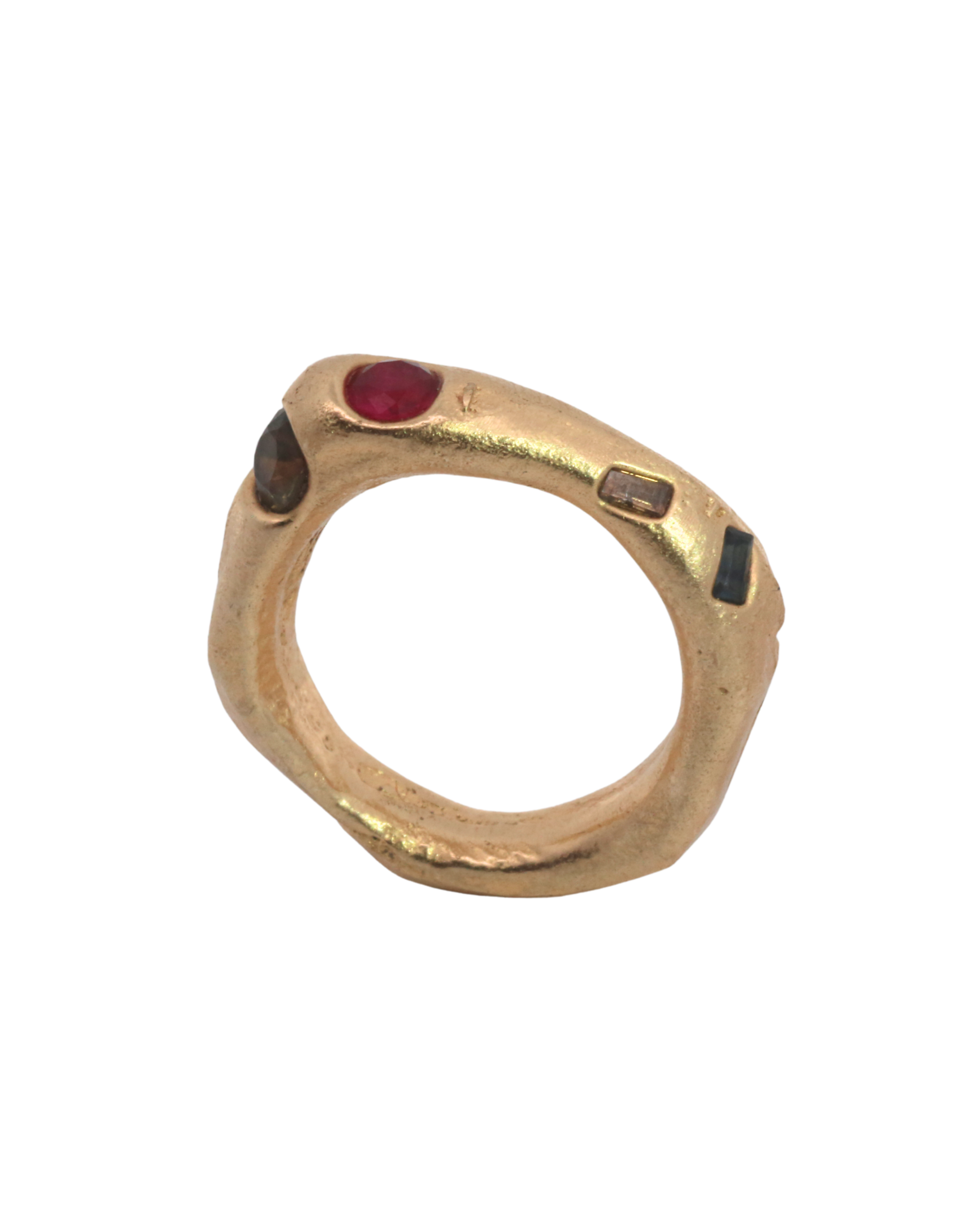 WILDER II Ring styled in a stack, 14K Fairmined gold with sapphires and ruby