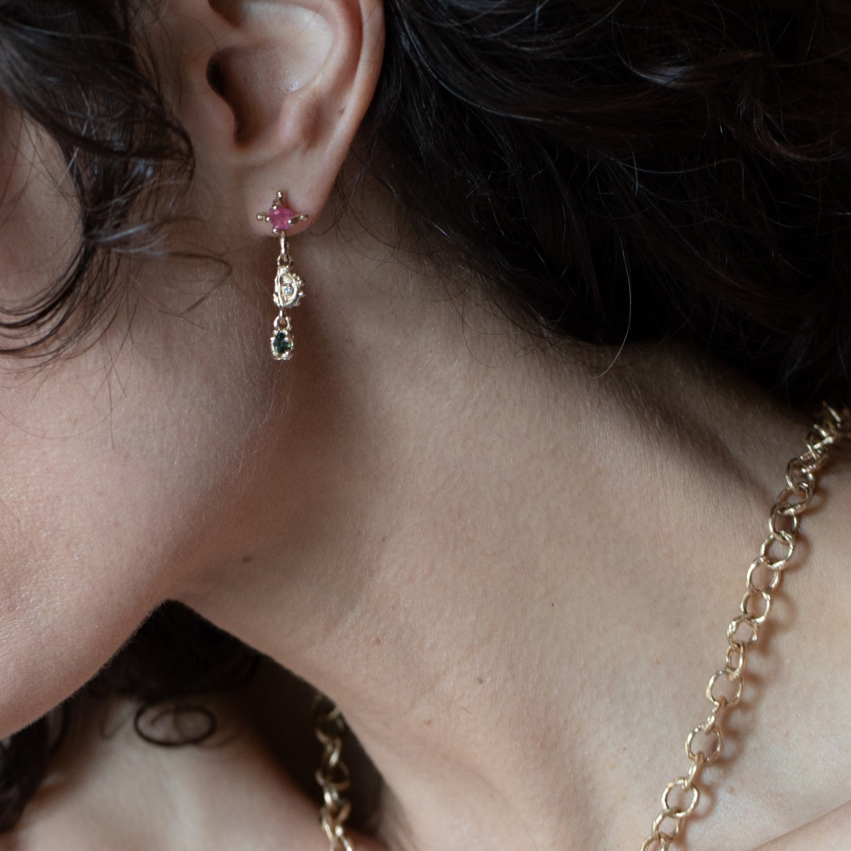 EYES Earrings worn on ear, 14K Fairmined gold