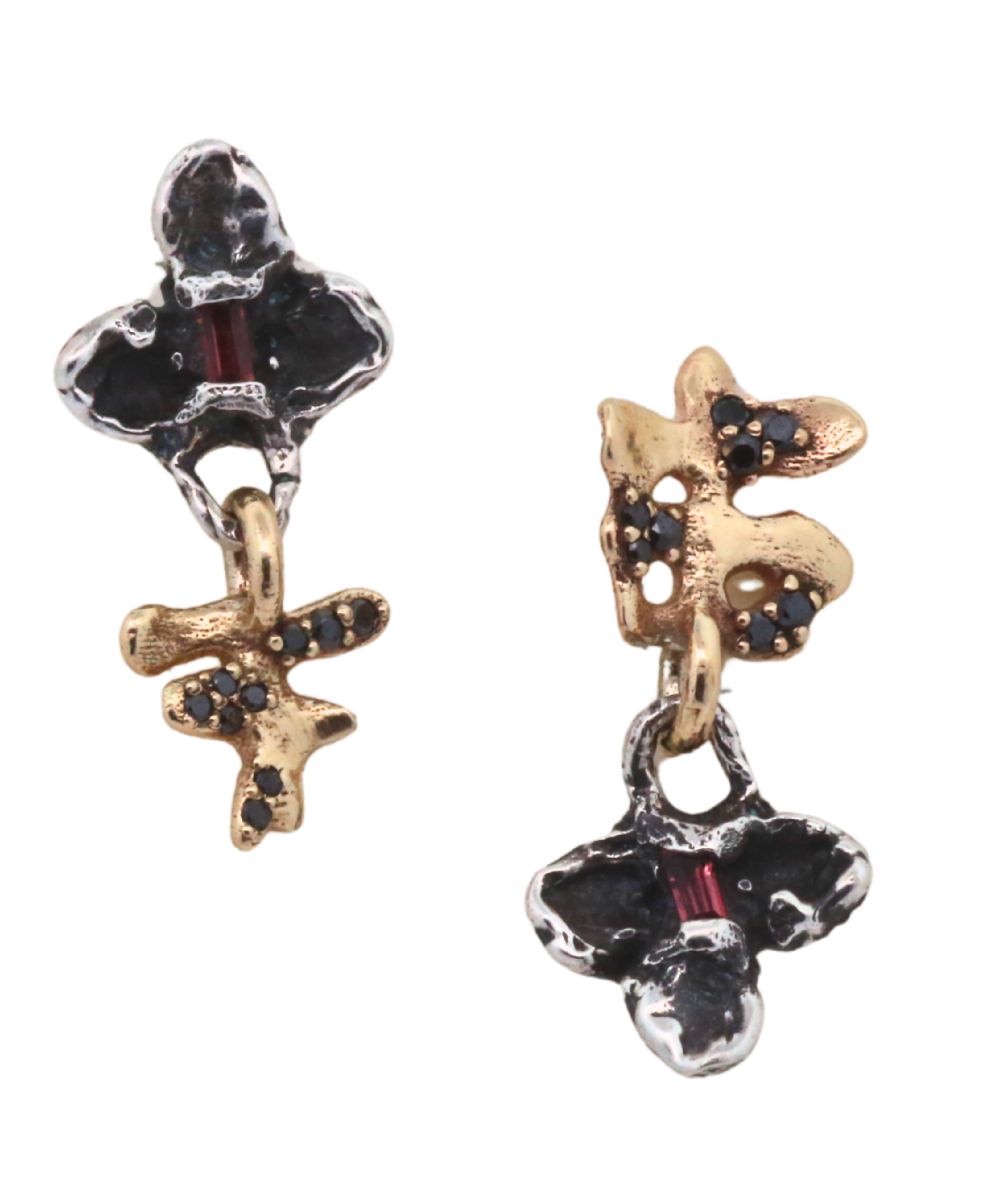 FRIKA Mix Earrings in recycled sterling silver and 14K gold with black diamond and garnets, lost wax cast
