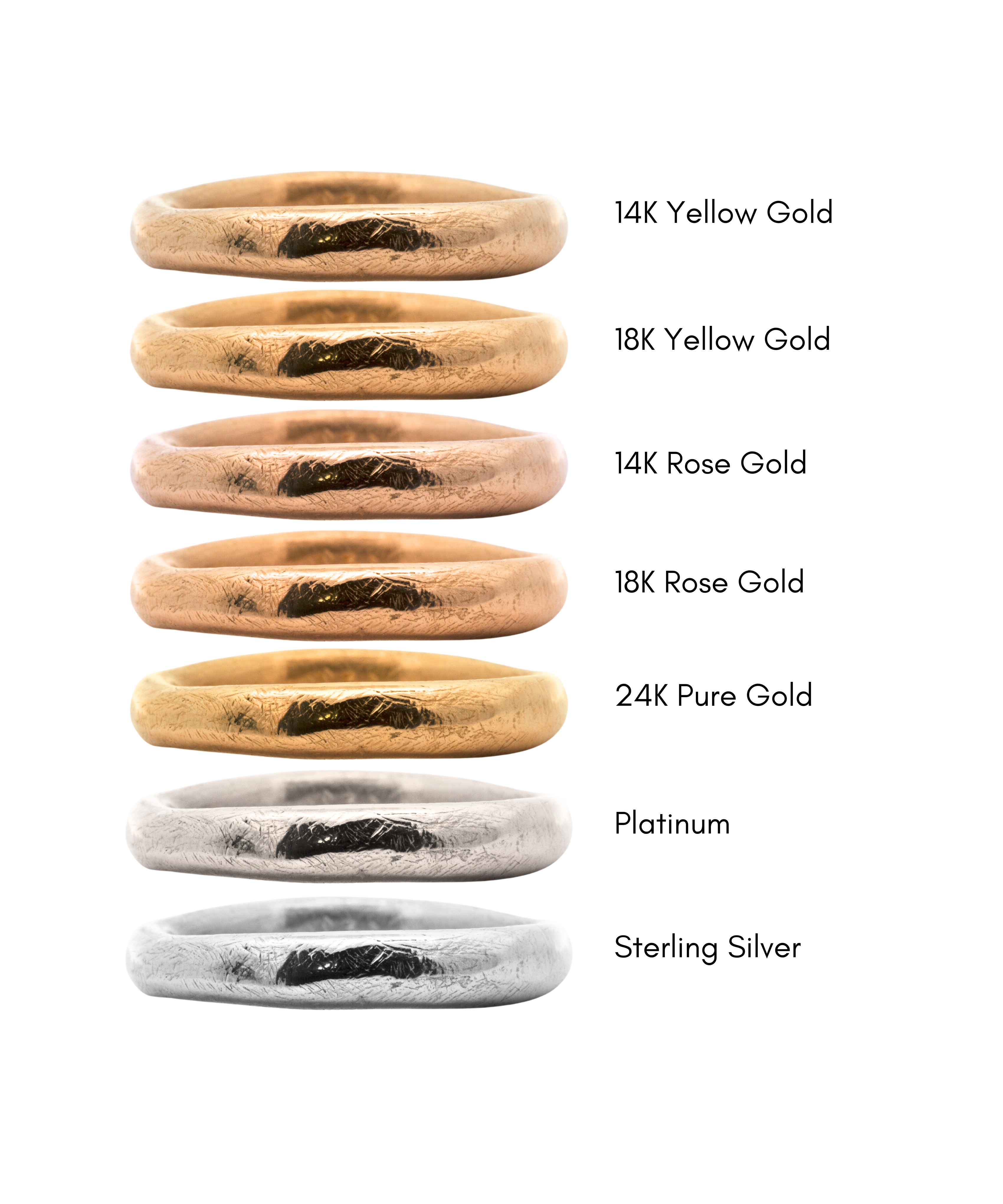 14k yellow gold vs. 14k rose gold vs. 18k yellow gold, platinum, and pure 24k gold. an image showing these metals side by side.