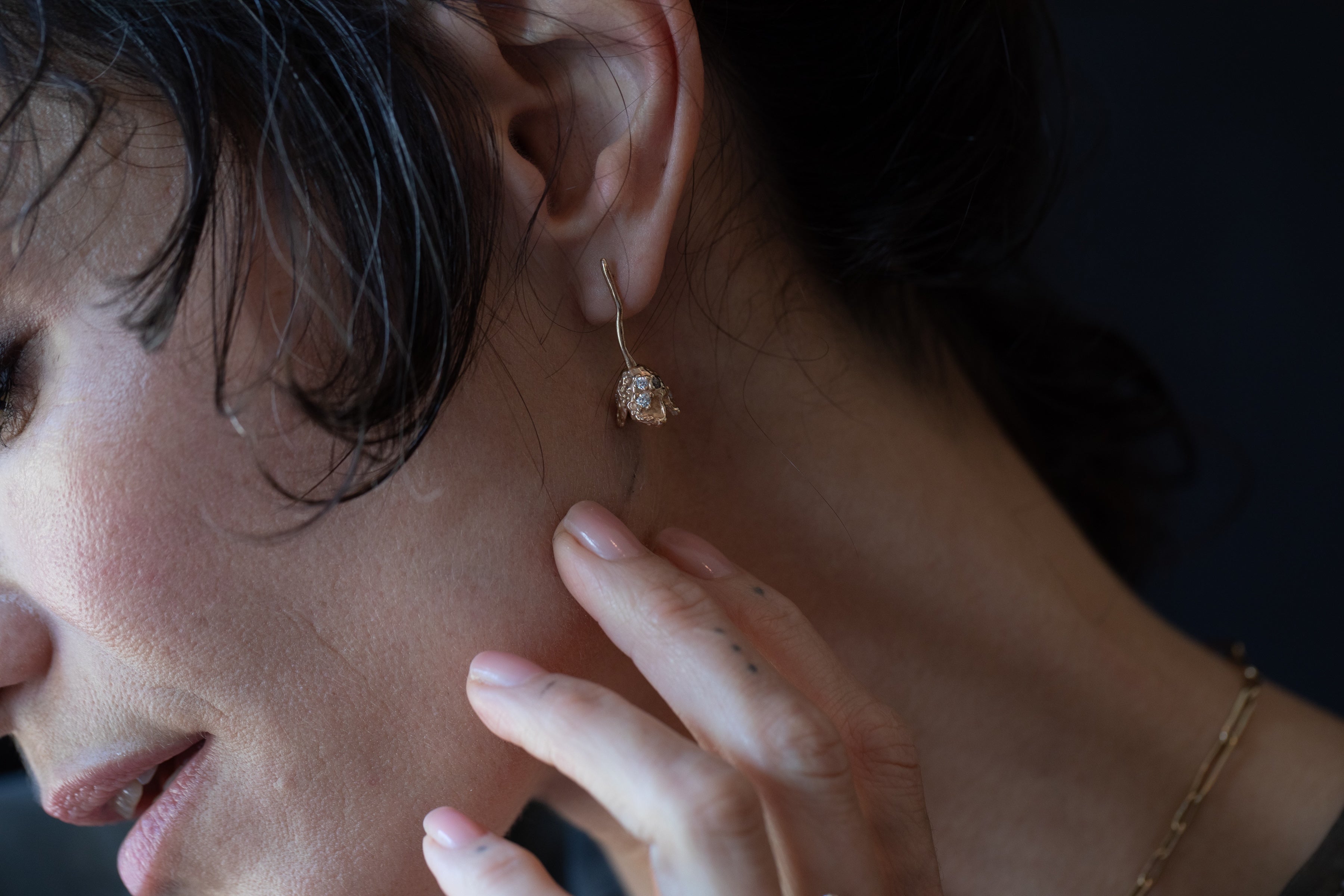 RORA Earrings texture close-up, lost wax cast finish