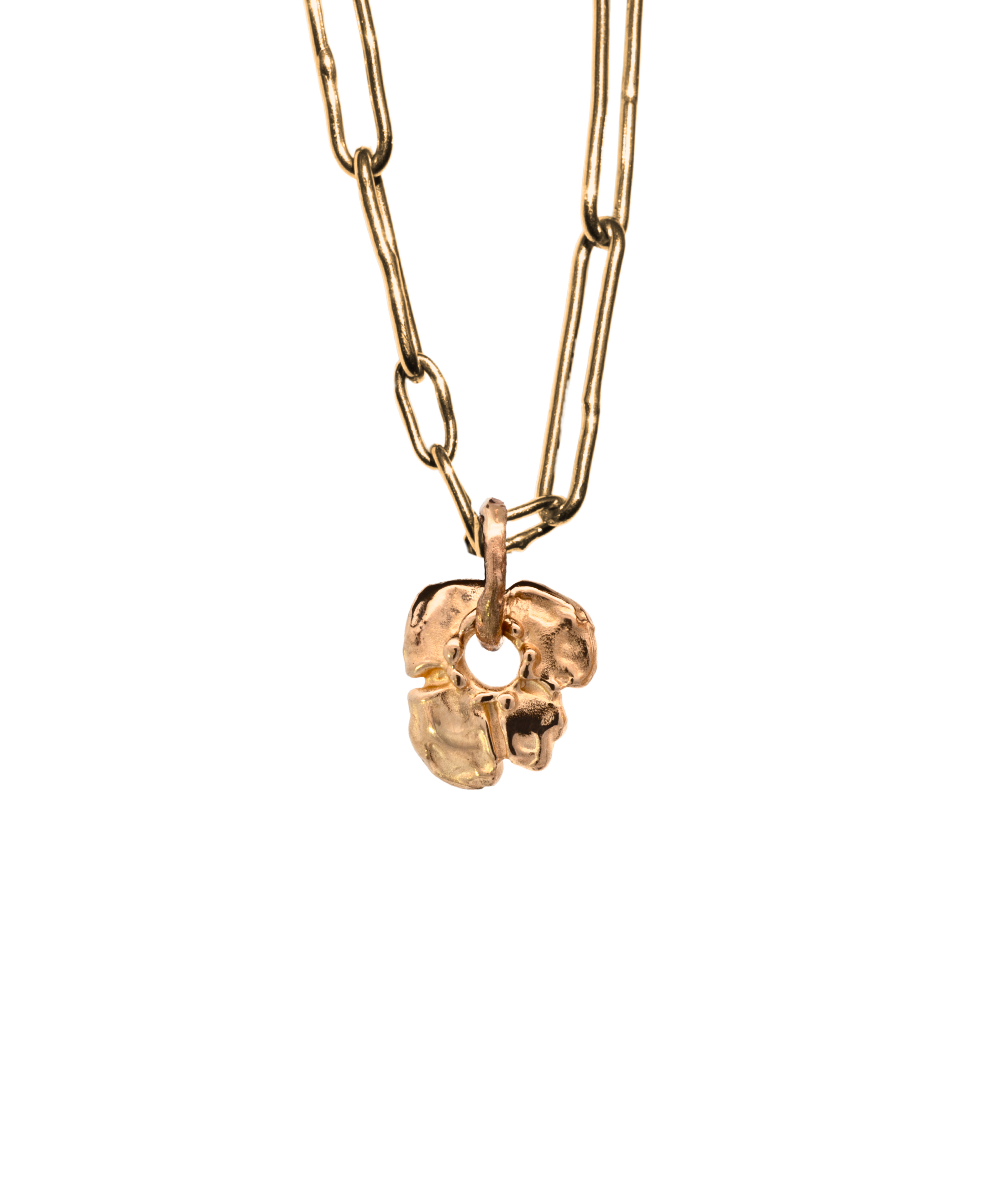 HIBI Flower Charm texture close-up showing lost wax cast detail, 14K Fairmined gold